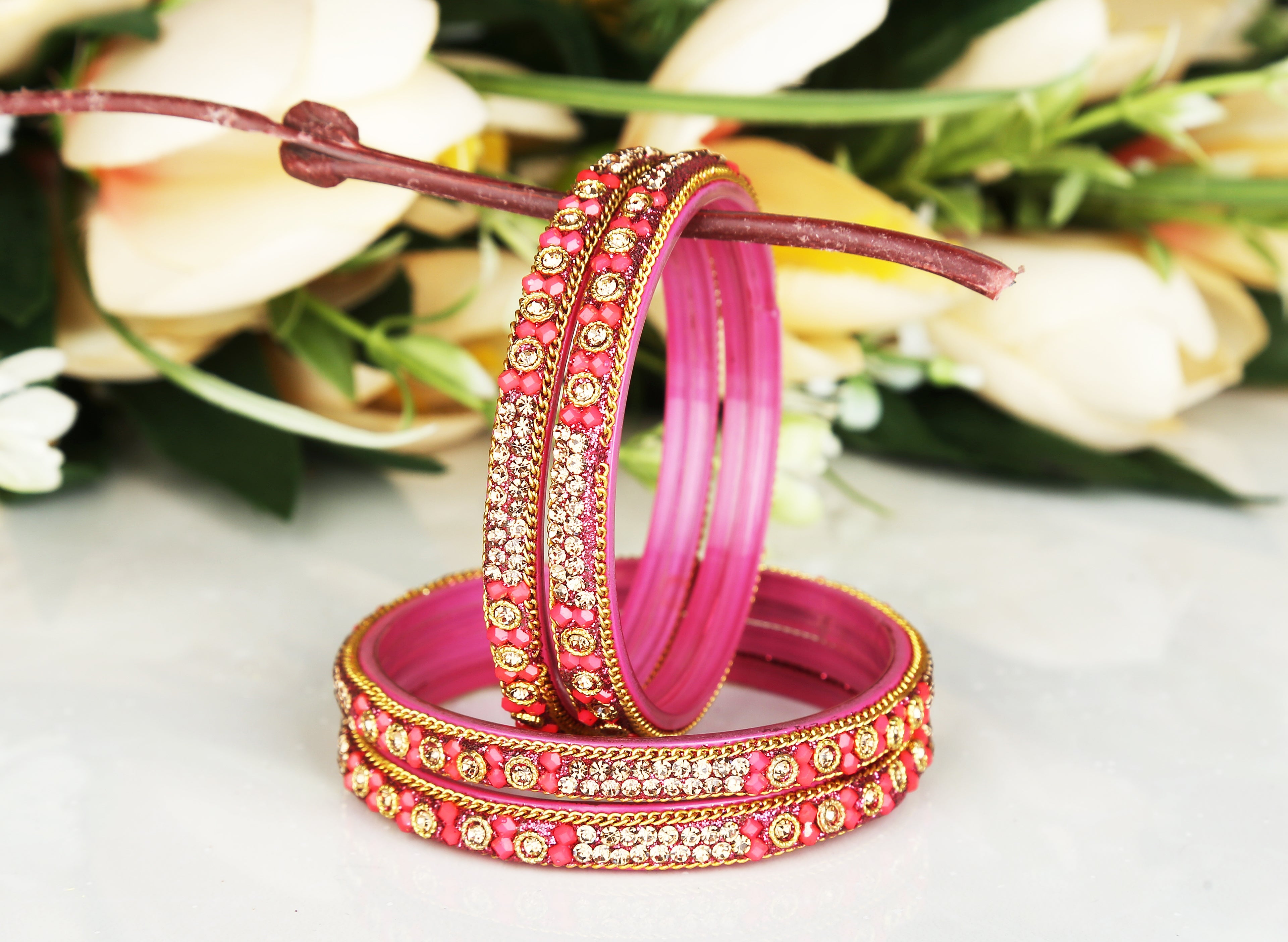 Sukriti Handcrafted Glossy Zircon Crystal Pink Glass Bangles for Women – Set of 4