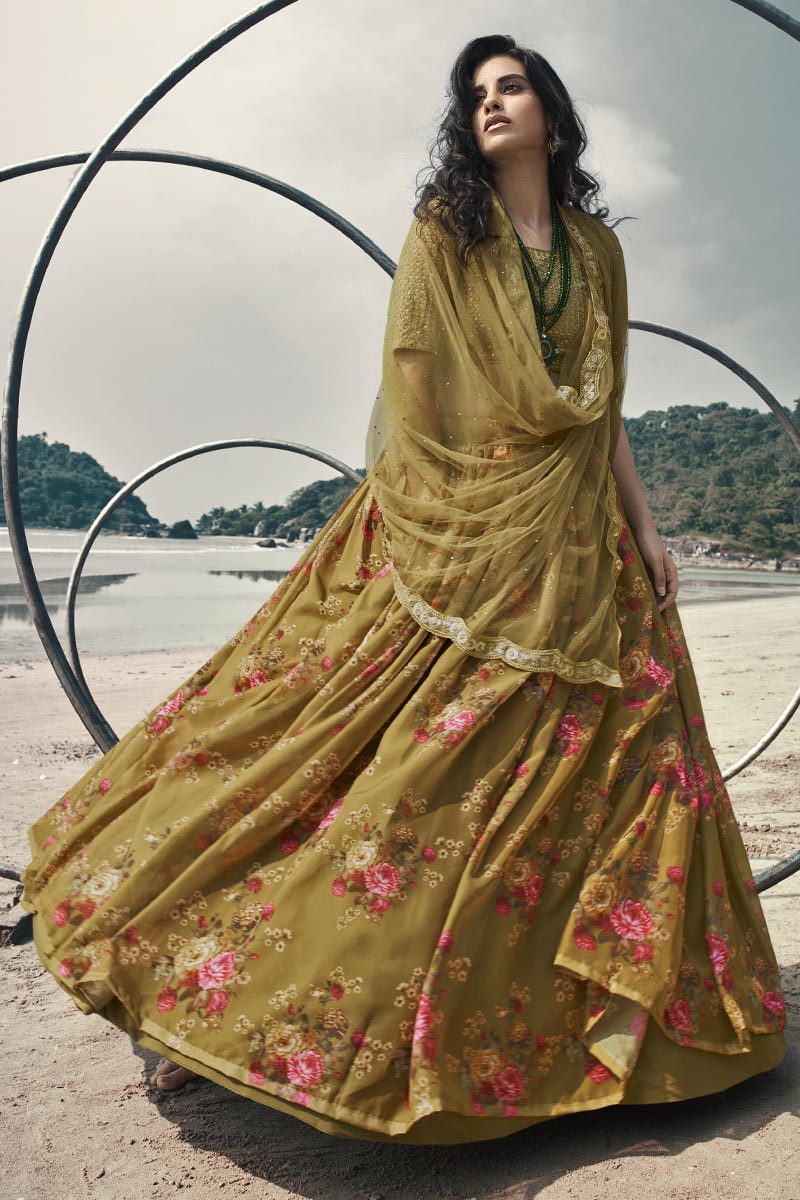 Reception Wear Fancy Khaki Color Printed Organza Fabric Lehenga Choli