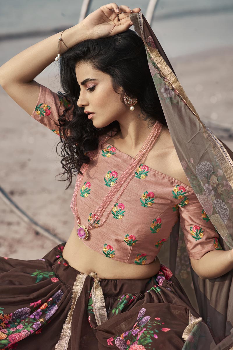 Brown Color Sangeet Wear Printed Organza Fabric Lehenga Choli