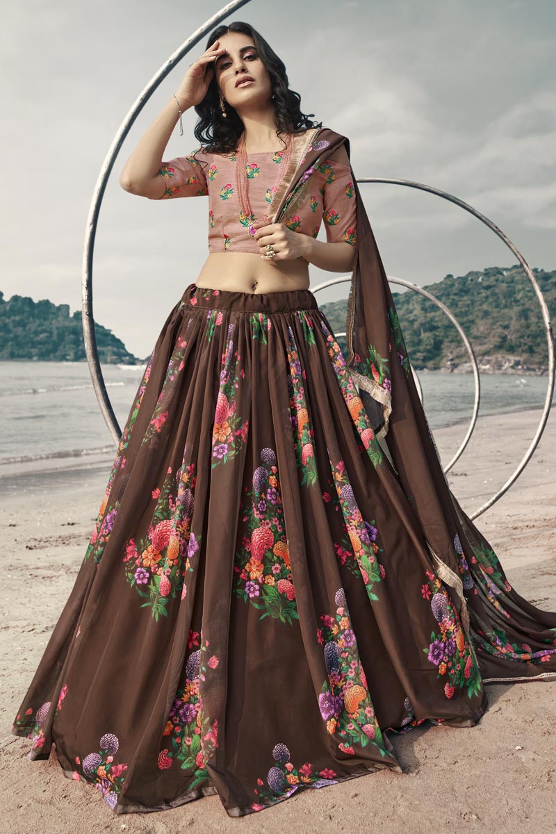 Brown Color Sangeet Wear Printed Organza Fabric Lehenga Choli