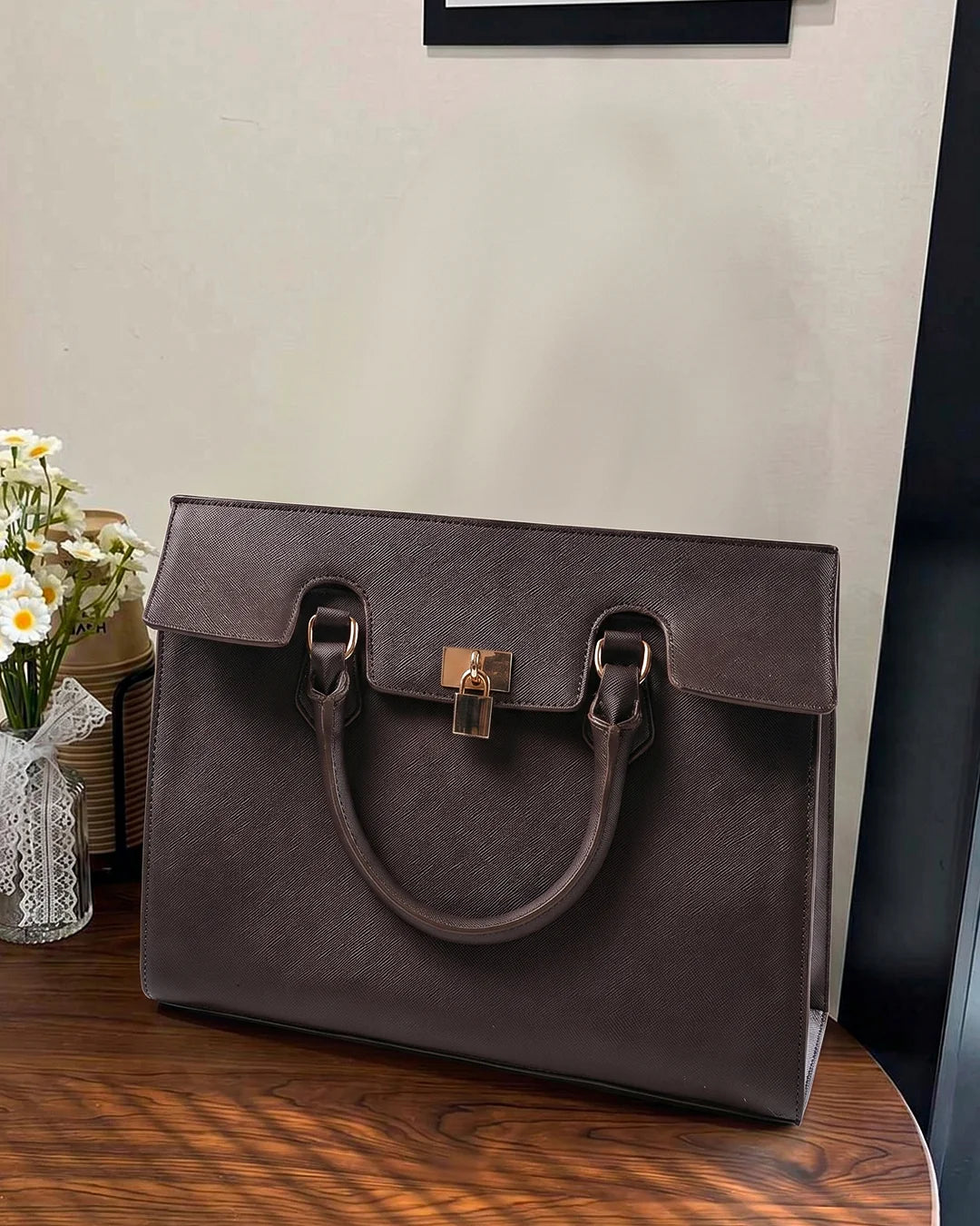 Fashion Buckle Strap Office Shoulder Bag in Cocoa Brown