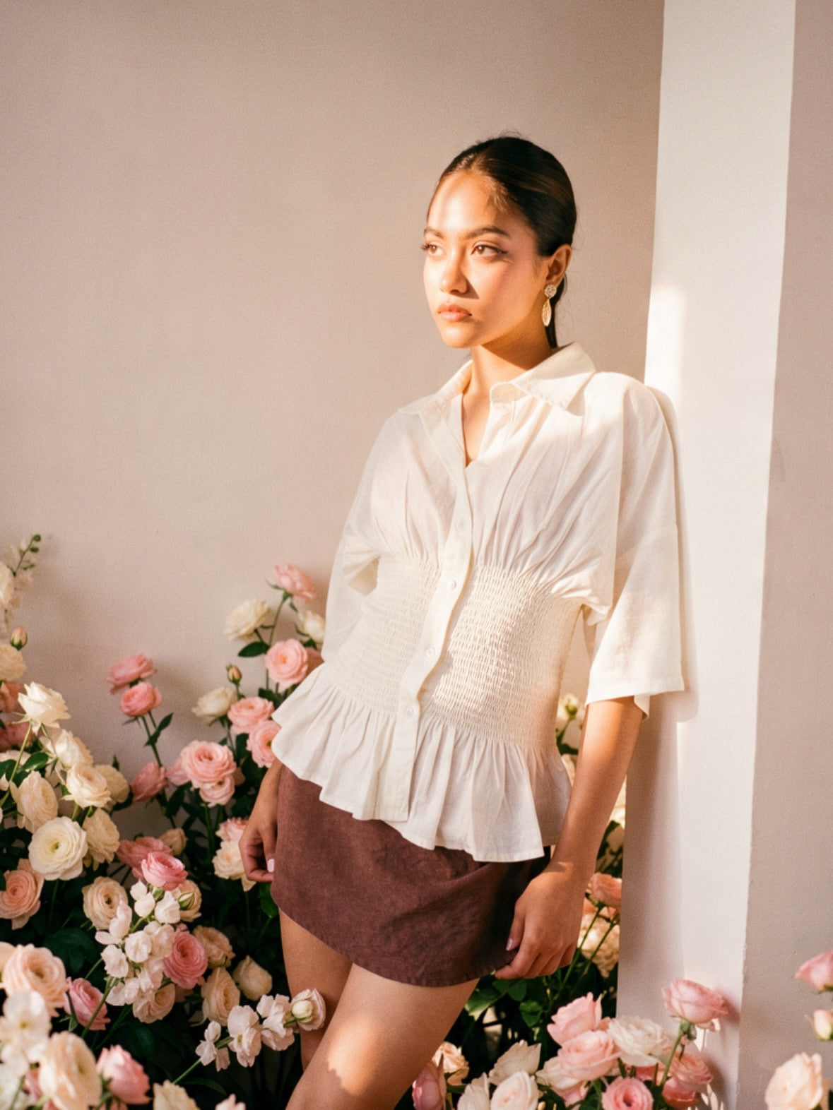 High-Waist Draped Wrap Mini Skirt in Brown