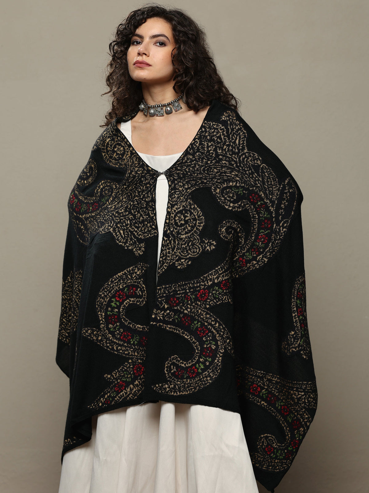 Anouk Black Woven Design Wool Women's Shawl