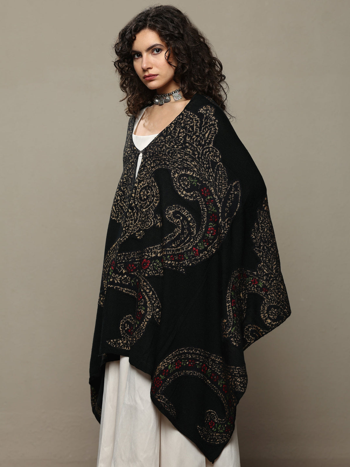 Anouk Black Woven Design Wool Women's Shawl