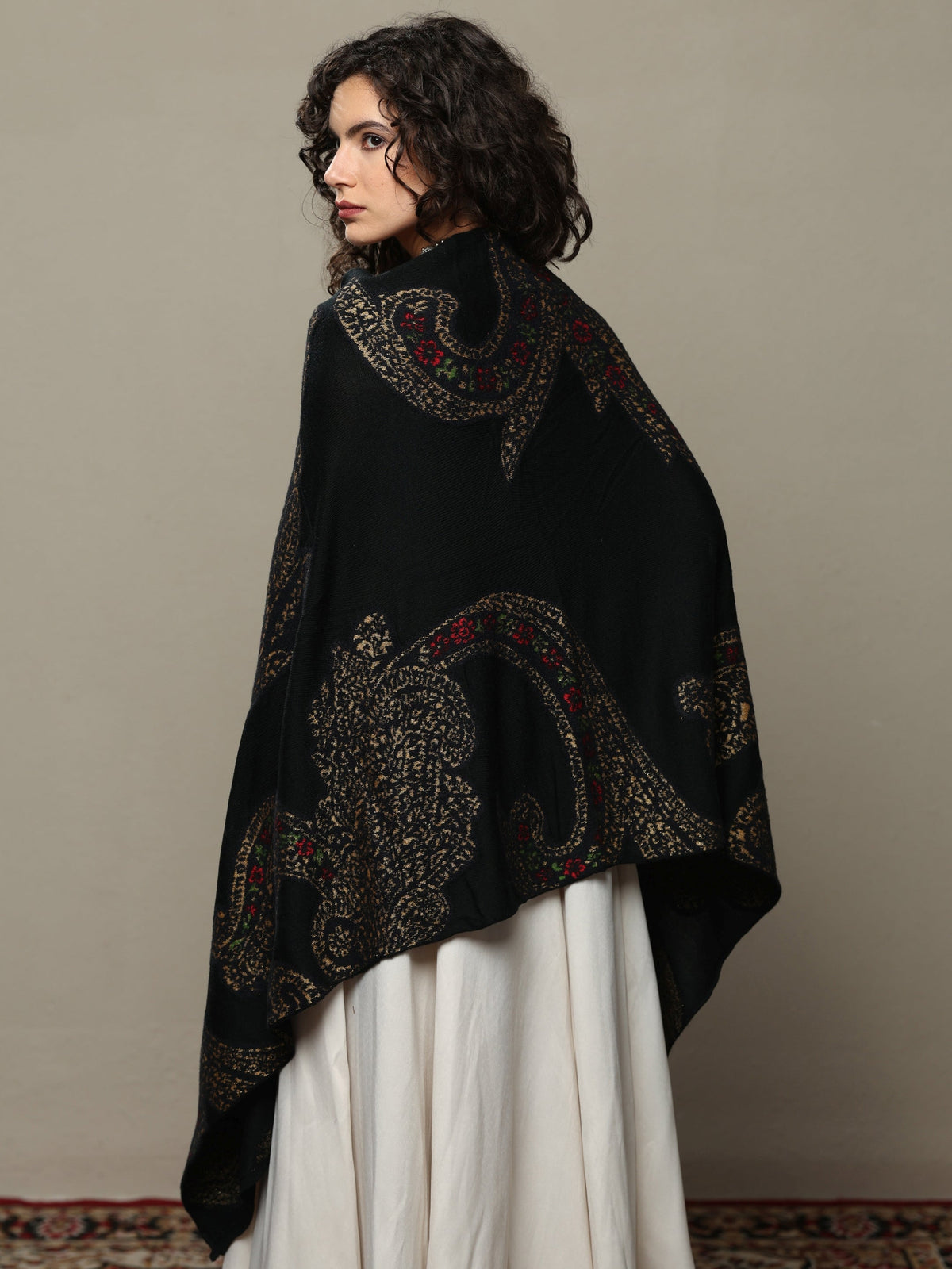 Anouk Black Woven Design Wool Women's Shawl