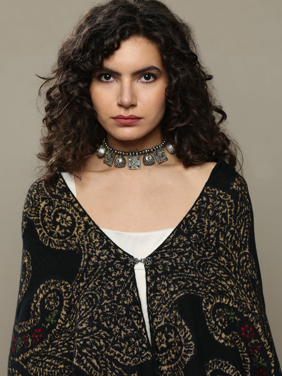Anouk Black Woven Design Wool Women's Shawl