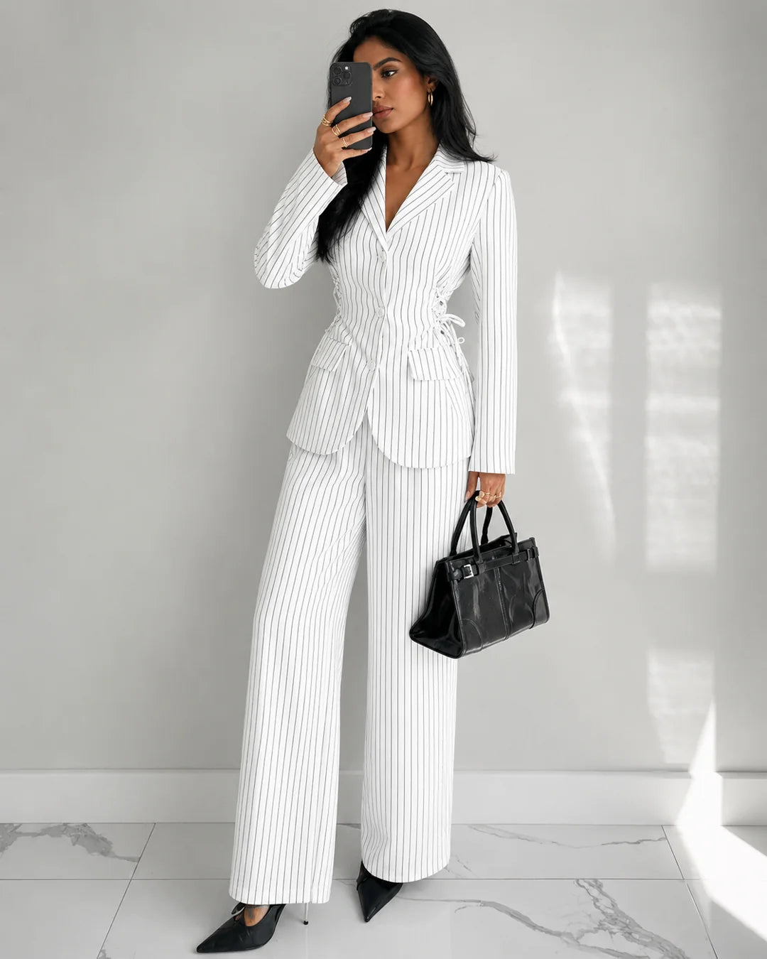Collared Slim Fit A-Line Hem Striped Long Sleeve Blazer and Trouser Suit Set in White