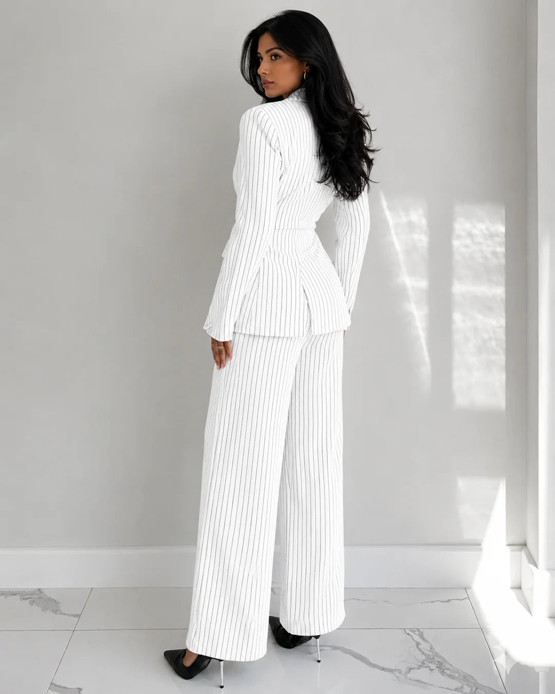 Collared Slim Fit A-Line Hem Striped Long Sleeve Blazer and Trouser Suit Set in White