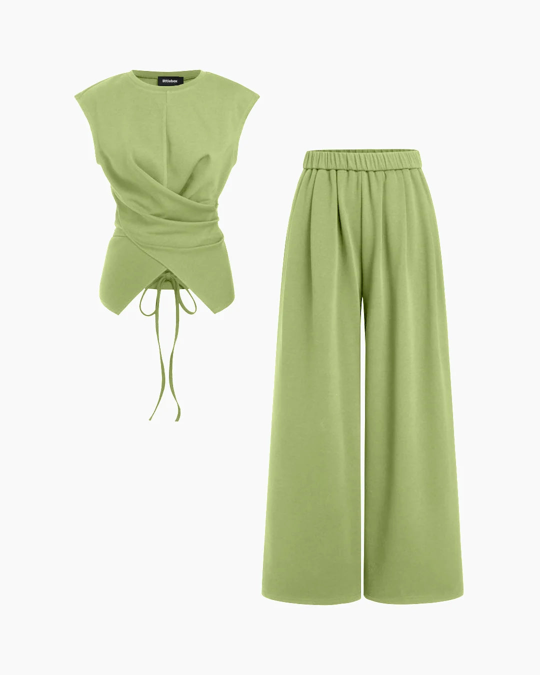 Draped Drawstring Top and Wide Leg Trousers Co-Ord Set in Sage Green