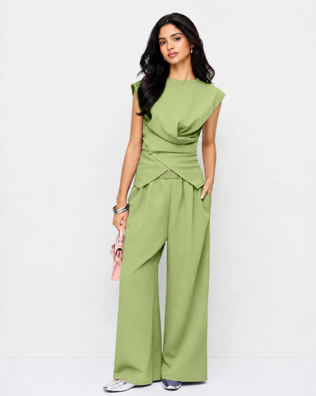 Draped Drawstring Top and Wide Leg Trousers Co-Ord Set in Sage Green