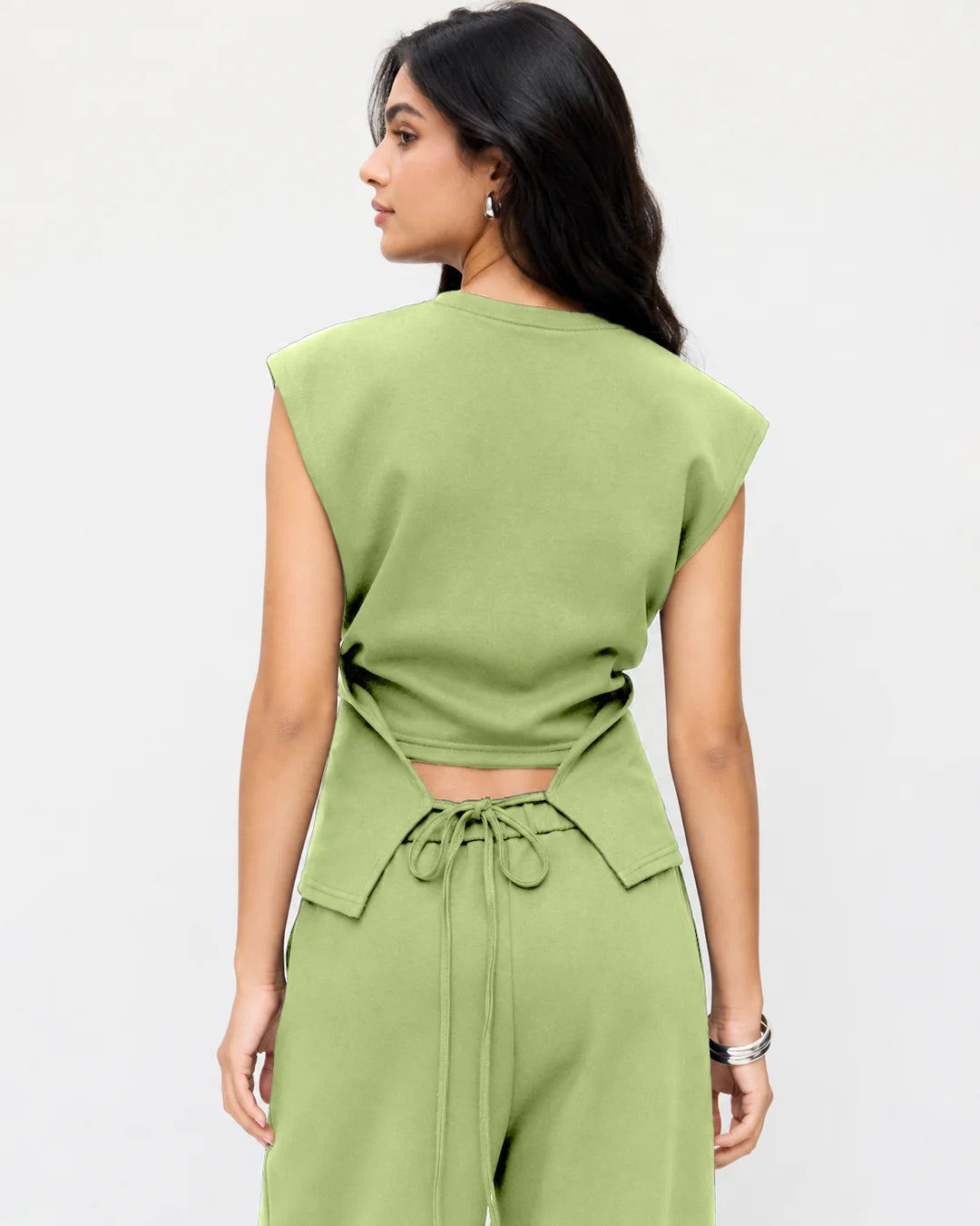 Draped Drawstring Top and Wide Leg Trousers Co-Ord Set in Sage Green
