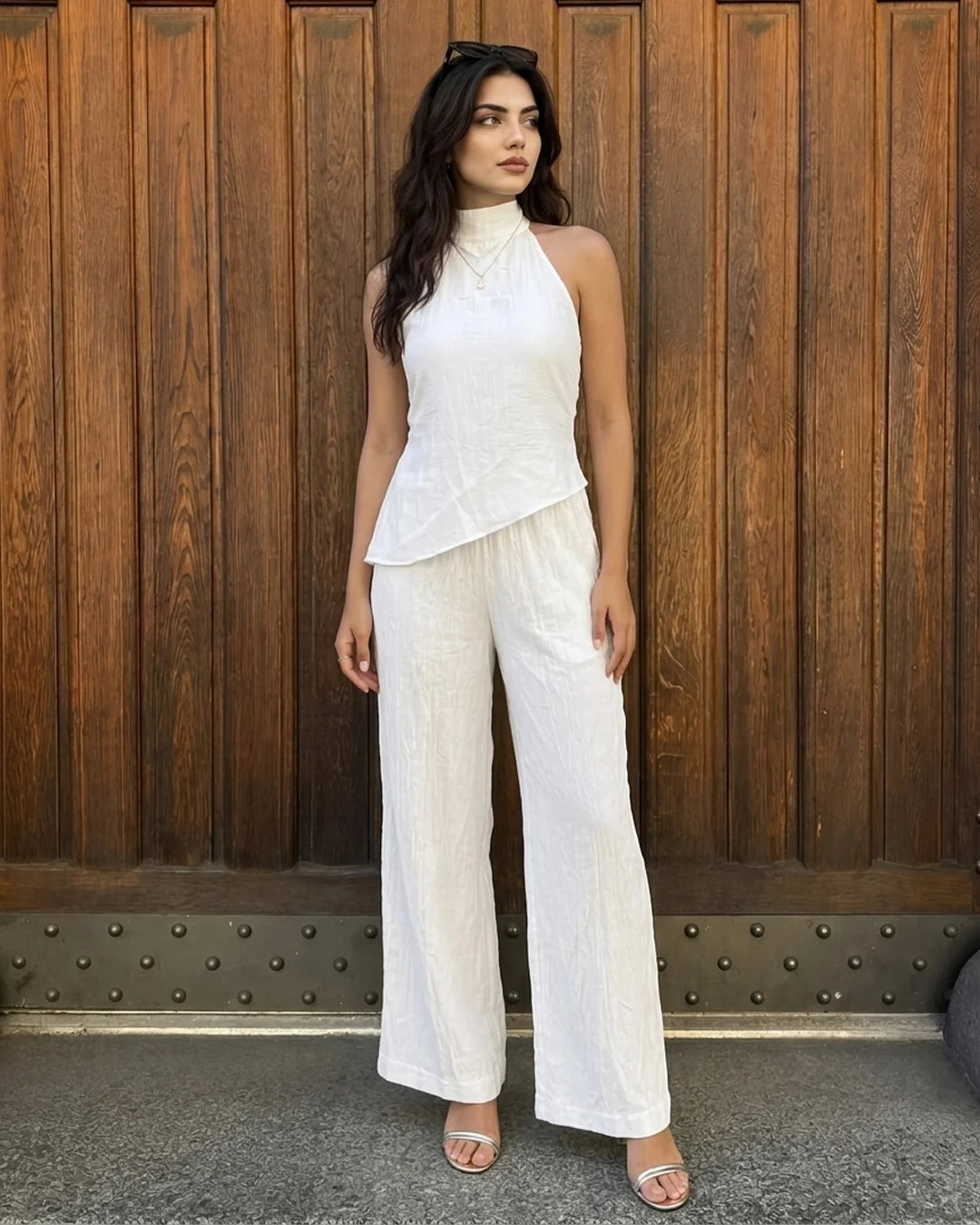 Mock Neck Asymmetric Top and Wide Leg Trousers Co-Ord Set in Classic White