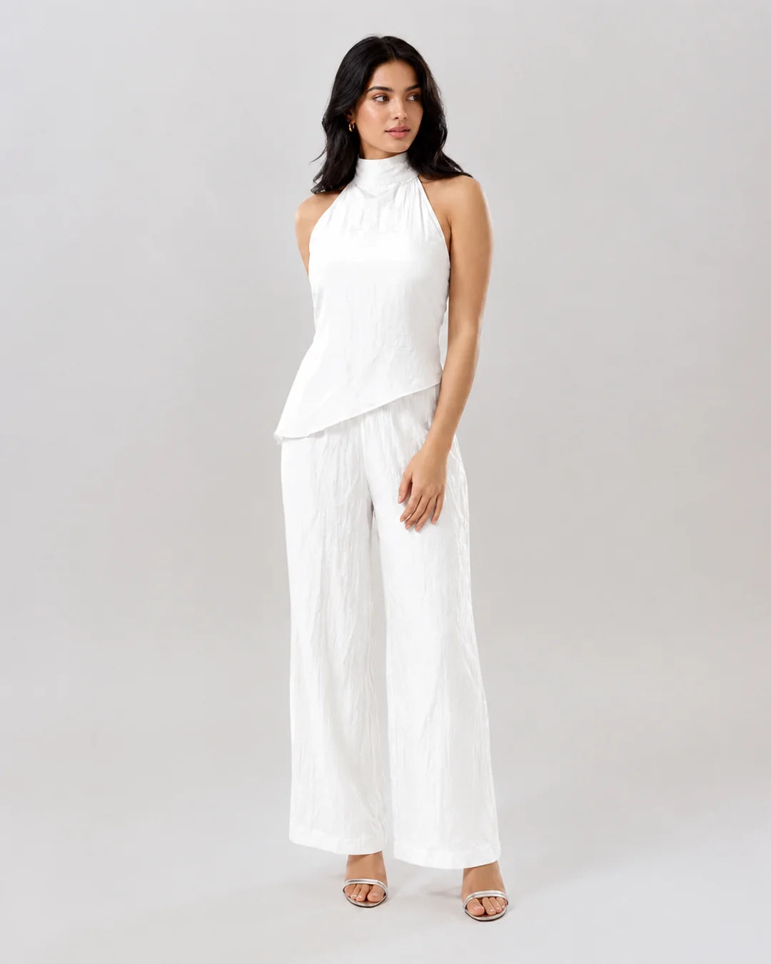 Mock Neck Asymmetric Top and Wide Leg Trousers Co-Ord Set in Classic White