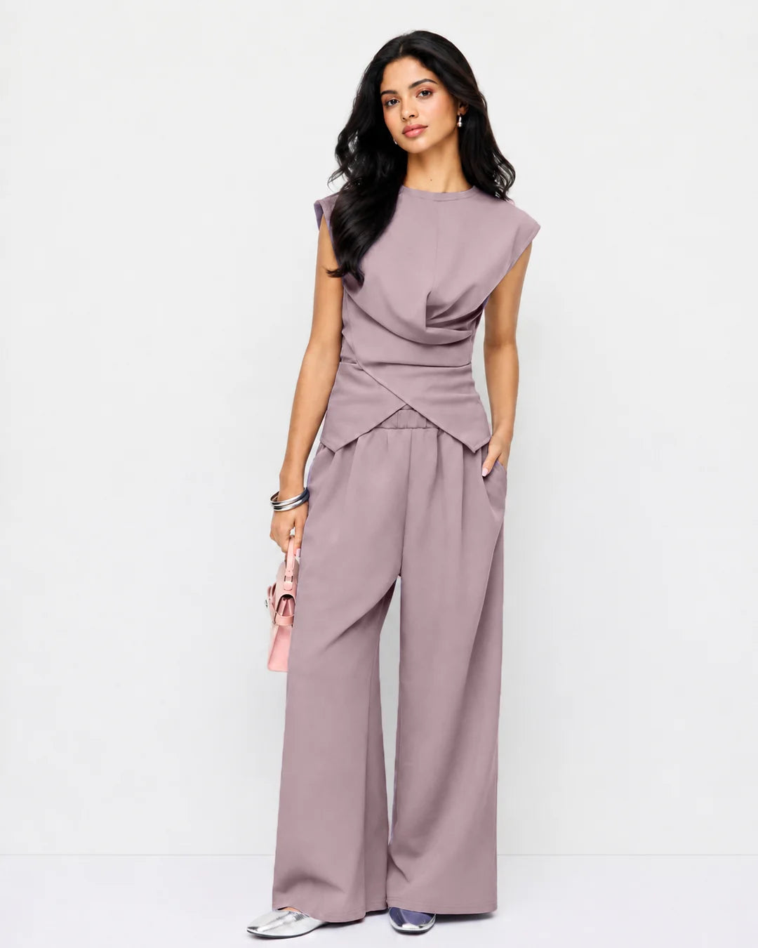 Draped Drawstring Top and Wide Leg Trousers Co-Ord Set in Lavender