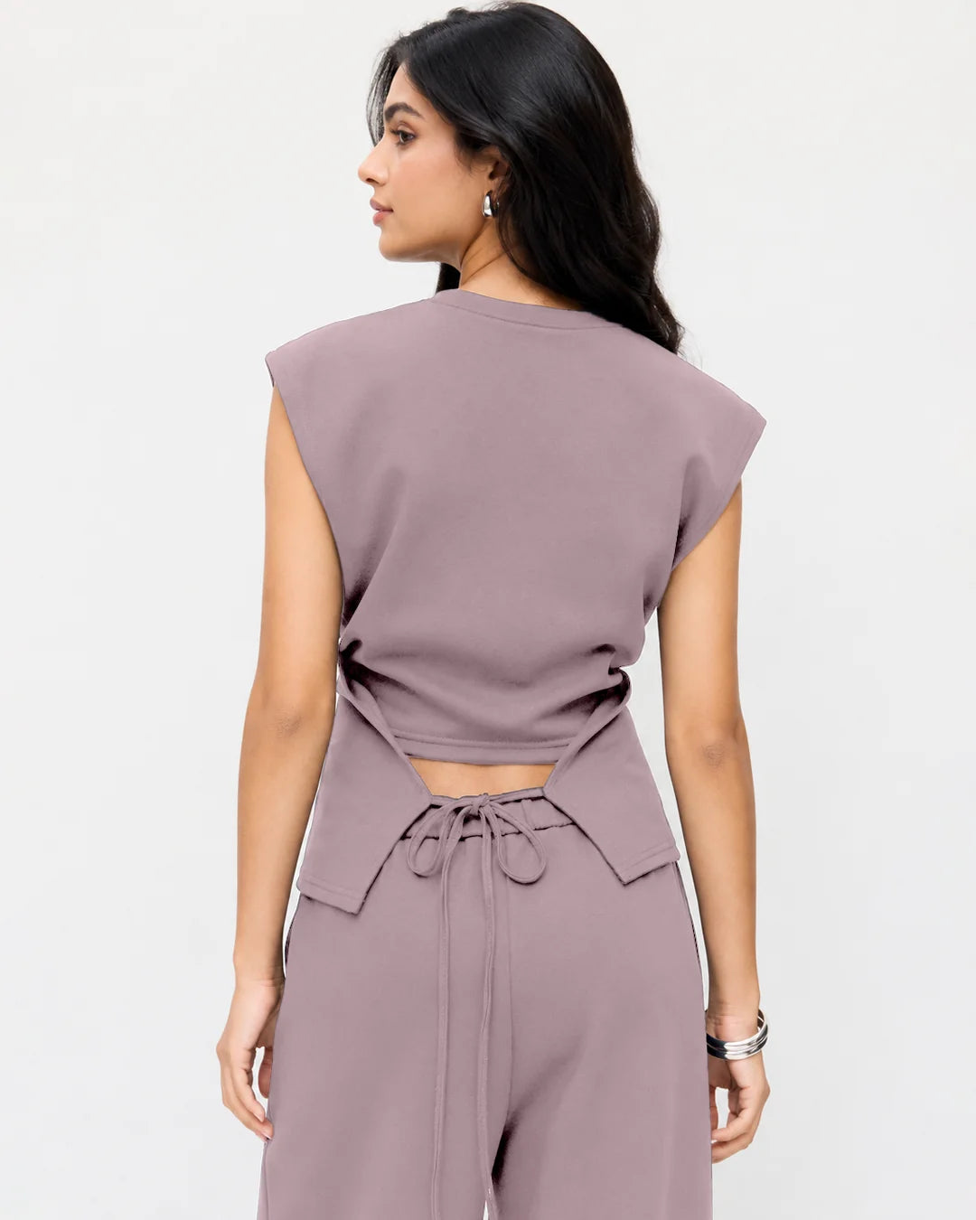 Draped Drawstring Top and Wide Leg Trousers Co-Ord Set in Lavender