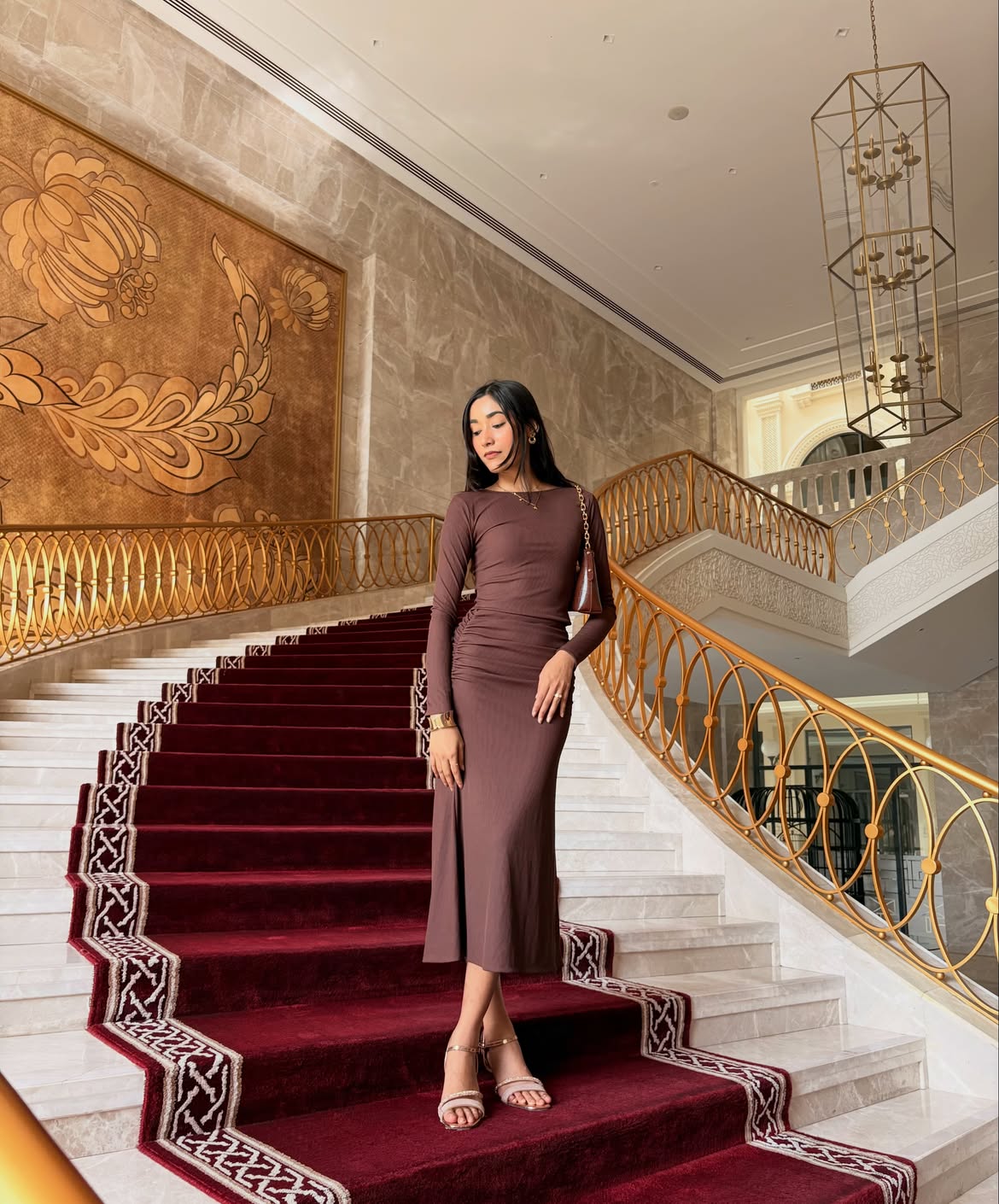 Round Neckline Solid Crop Top & Mid Rise Ruched Maxi Skirt Set In Chocolate Brown