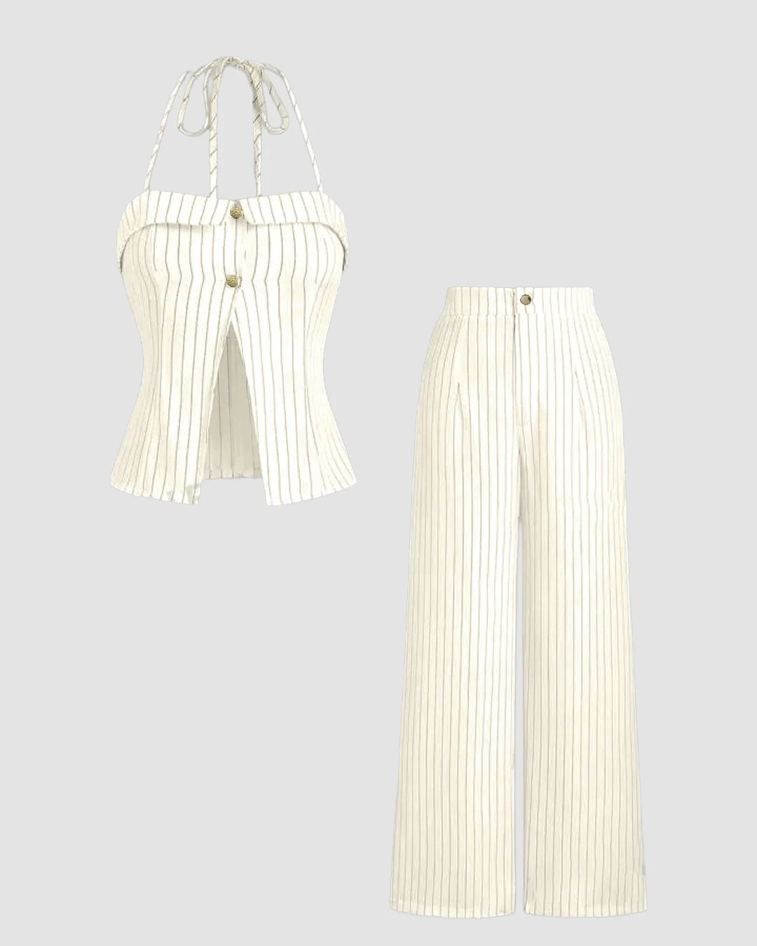 Pinstriped Halter Neck Sleeveless Top And Pants Set In Off-White