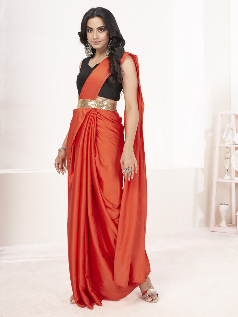 Saffron Orange Ready to Wear One Minute Lycra Saree