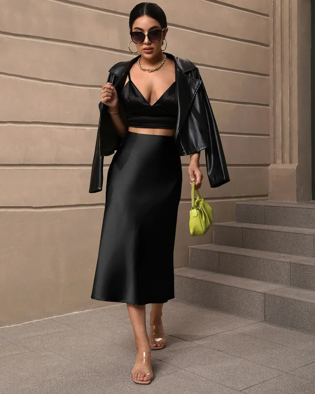 Satin Flared Midi Skirt in Black