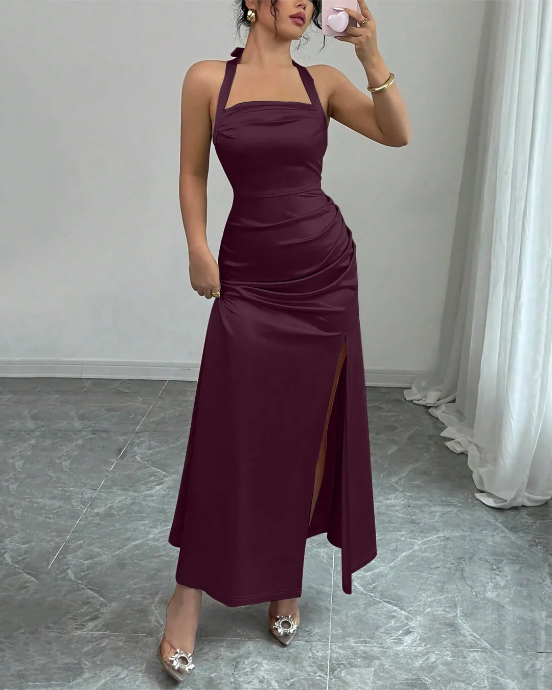Satin Side-Slit Maxi Dress in Wine