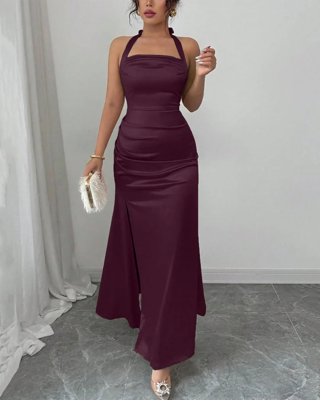 Satin Side-Slit Maxi Dress in Wine