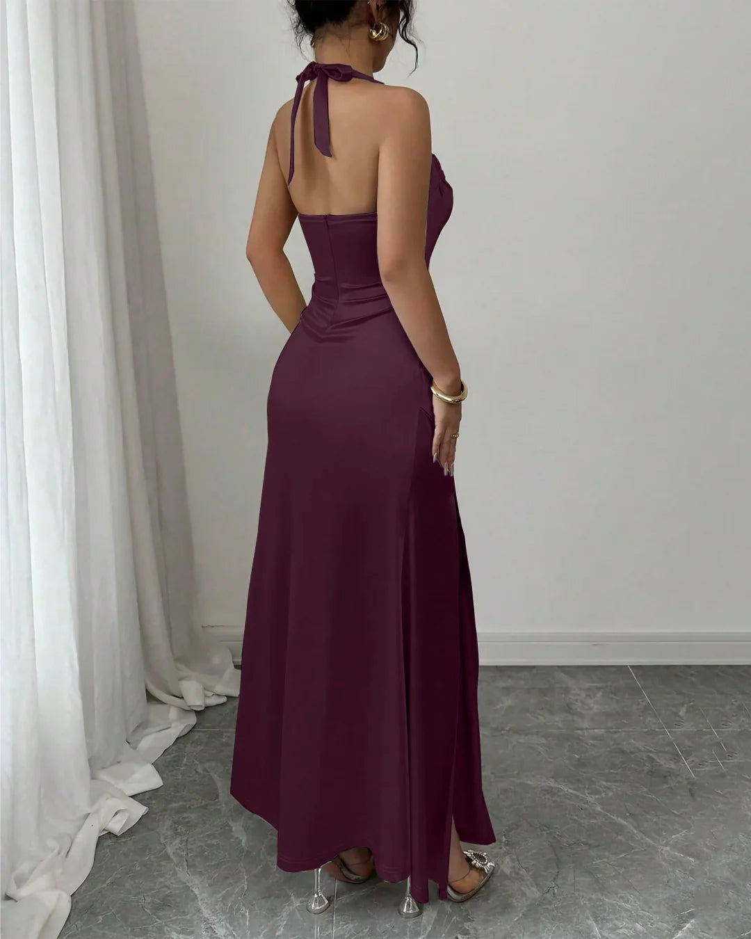 Satin Side-Slit Maxi Dress in Wine