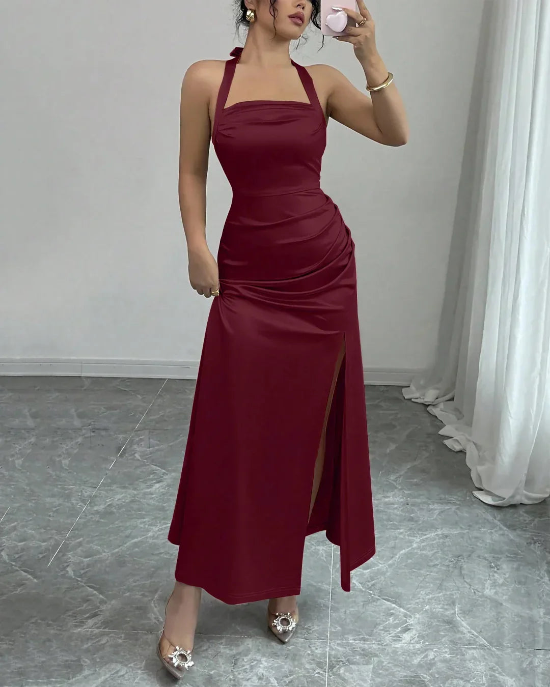 Satin Sleeveless Halter Neck  Maxi Dress in Red