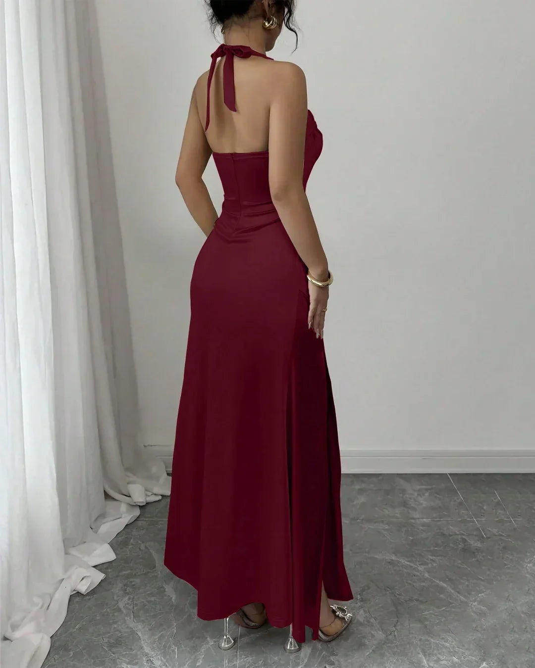 Satin Sleeveless Halter Neck  Maxi Dress in Red