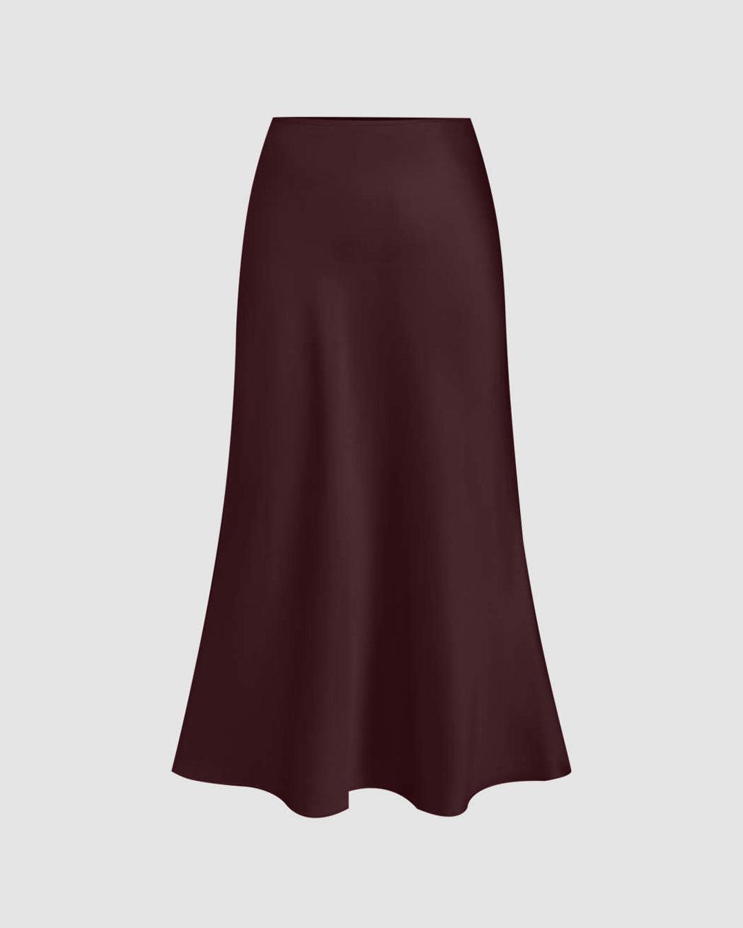 Satin Solid Ruffle Long Skirt In Wine