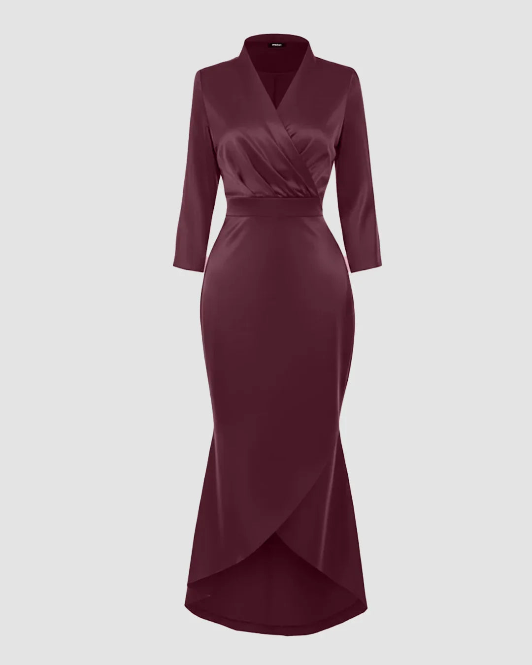 Satin V-Neck Waist-Tapered Mermaid Dress with High-Low Hem in Maroon