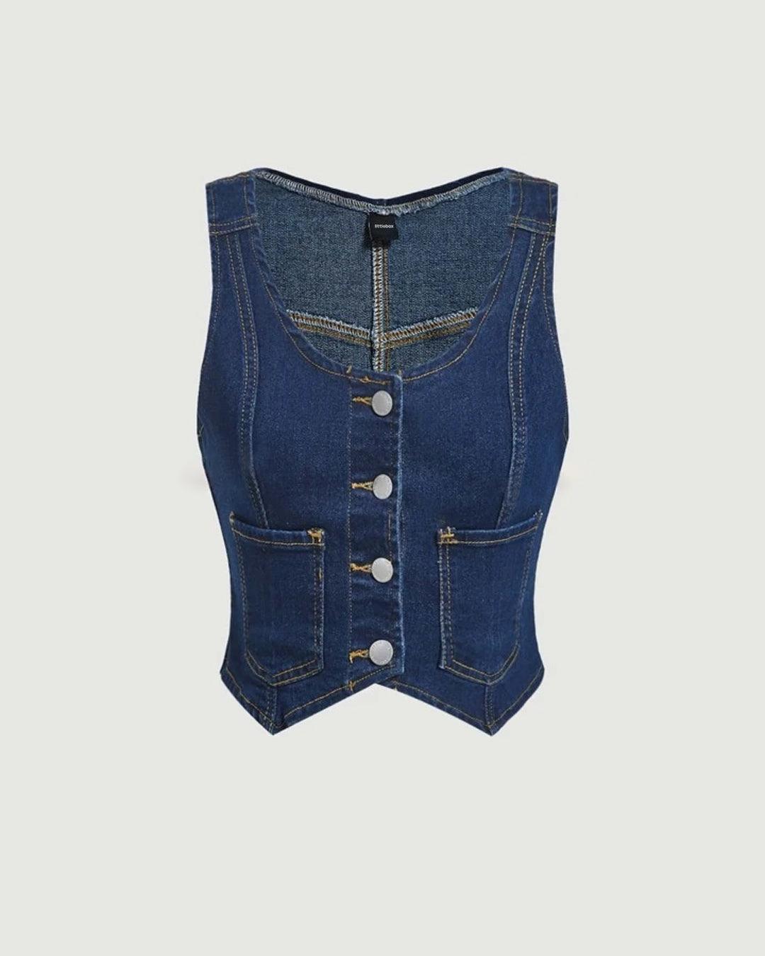 Scoop Neck Dark Wash Sleeveless Denim Top