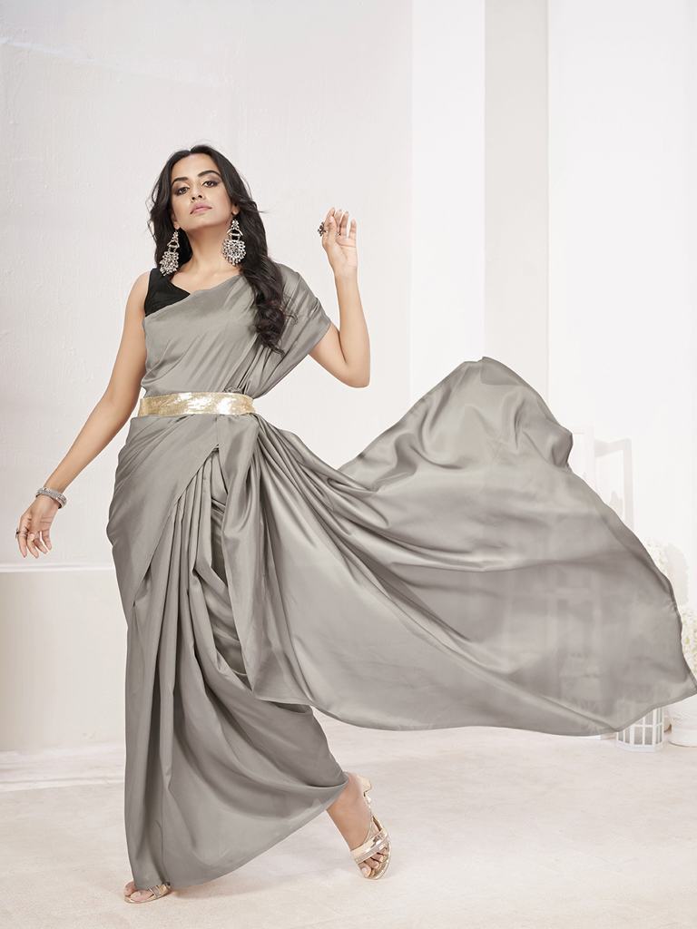 Seal Grey Ready to Wear One Minute Lycra Saree