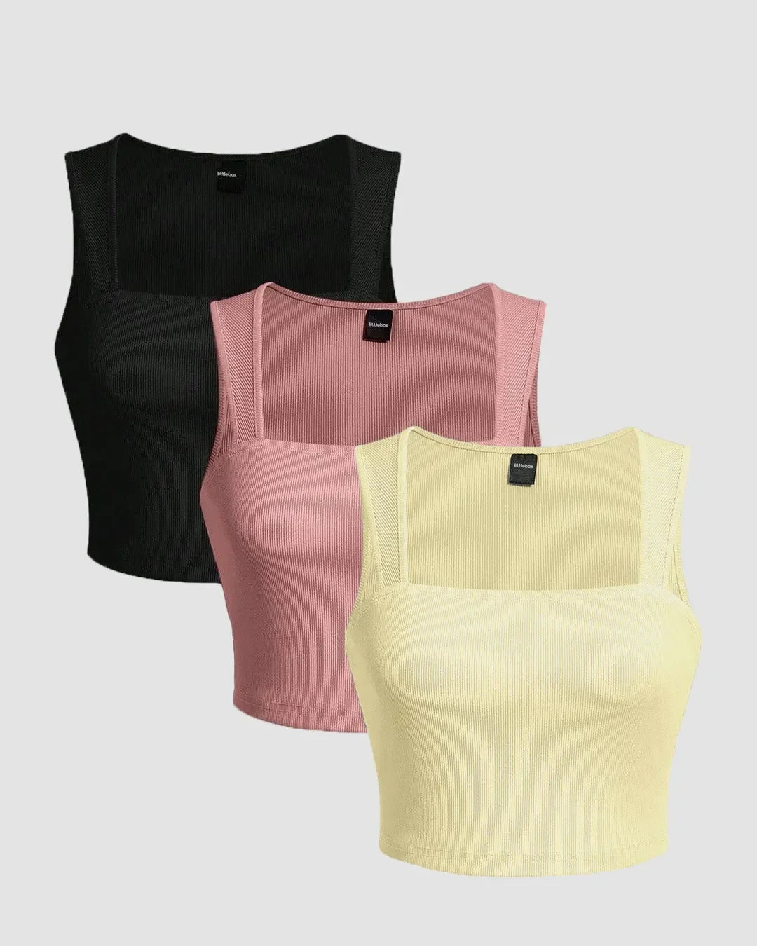 Set Of 3 - Slim-Fit Ribbed Women Tank Tops in Black, Dusty Pink & Vanilla