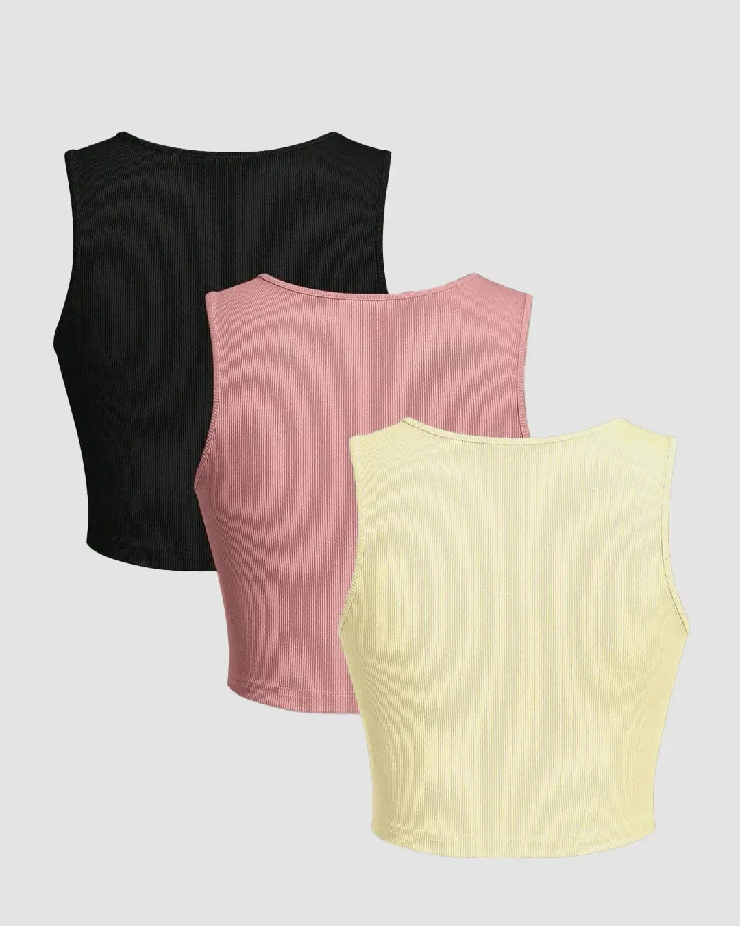 Set Of 3 - Slim-Fit Ribbed Women Tank Tops in Black, Dusty Pink & Vanilla