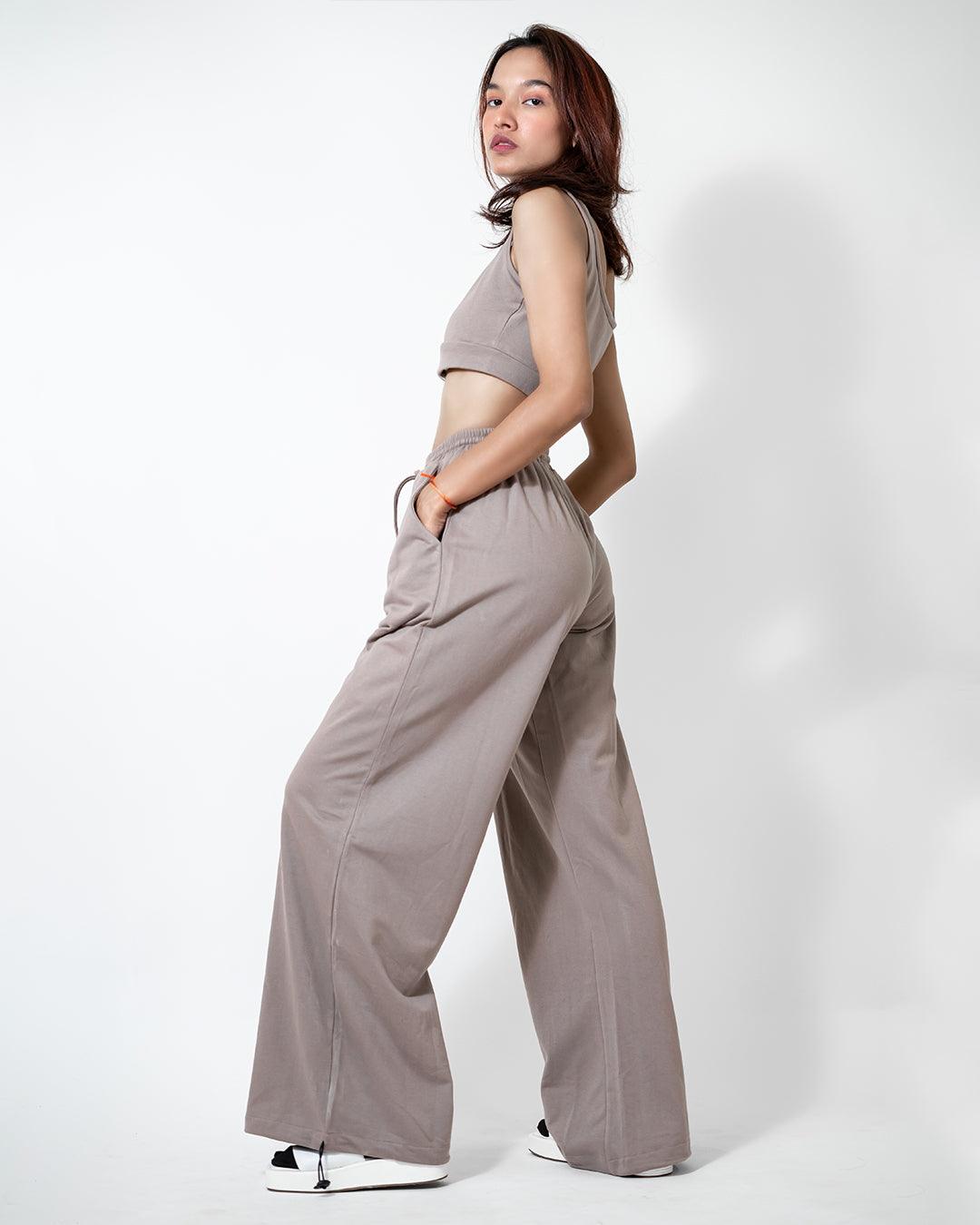 Set Of Three : Corset Style Hoodie With Sleeveless Crop Top & Bottom In Mocha
