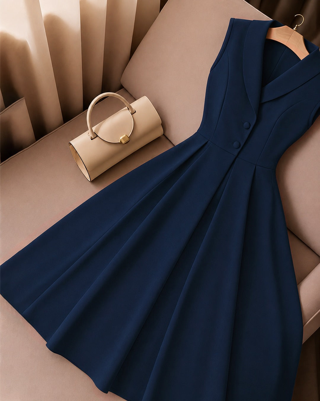 Shawl Collar Fit and Flare Pleated Midi Dress in Navy Blue