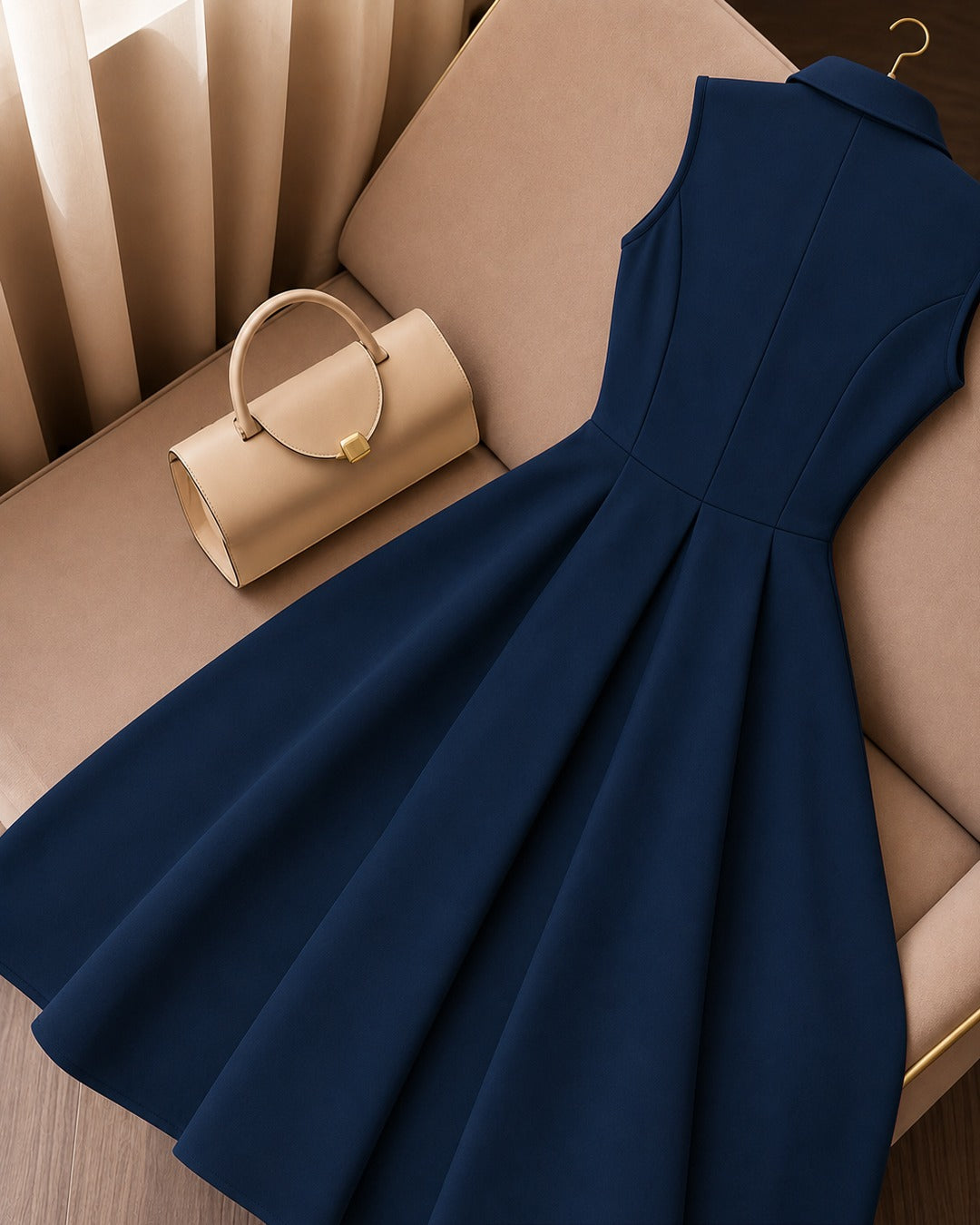 Shawl Collar Fit and Flare Pleated Midi Dress in Navy Blue