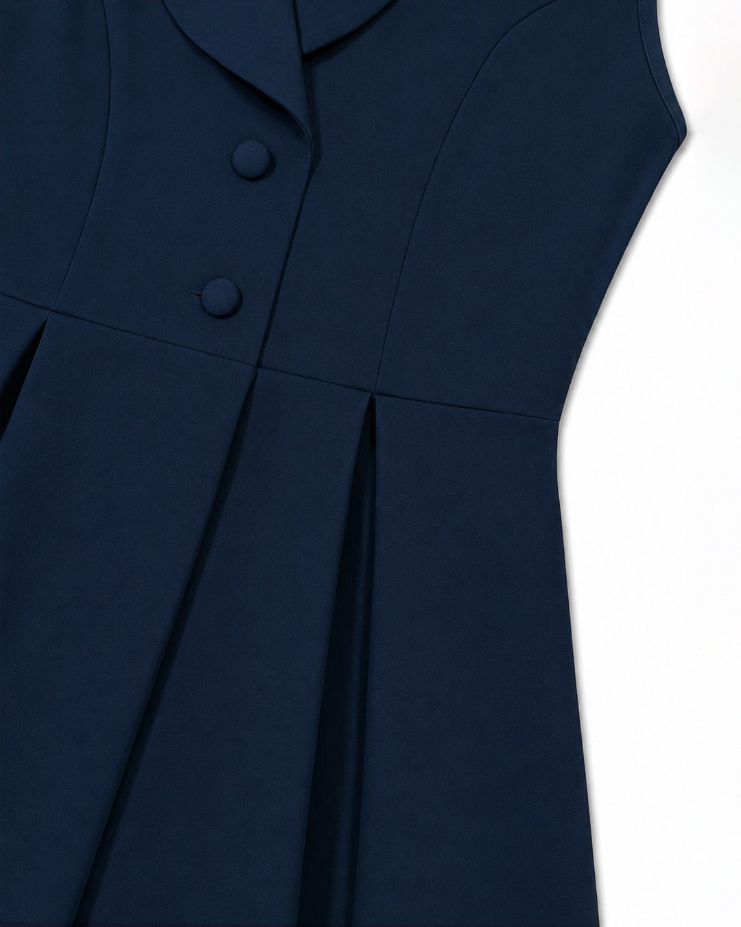 Shawl Collar Fit and Flare Pleated Midi Dress in Navy Blue
