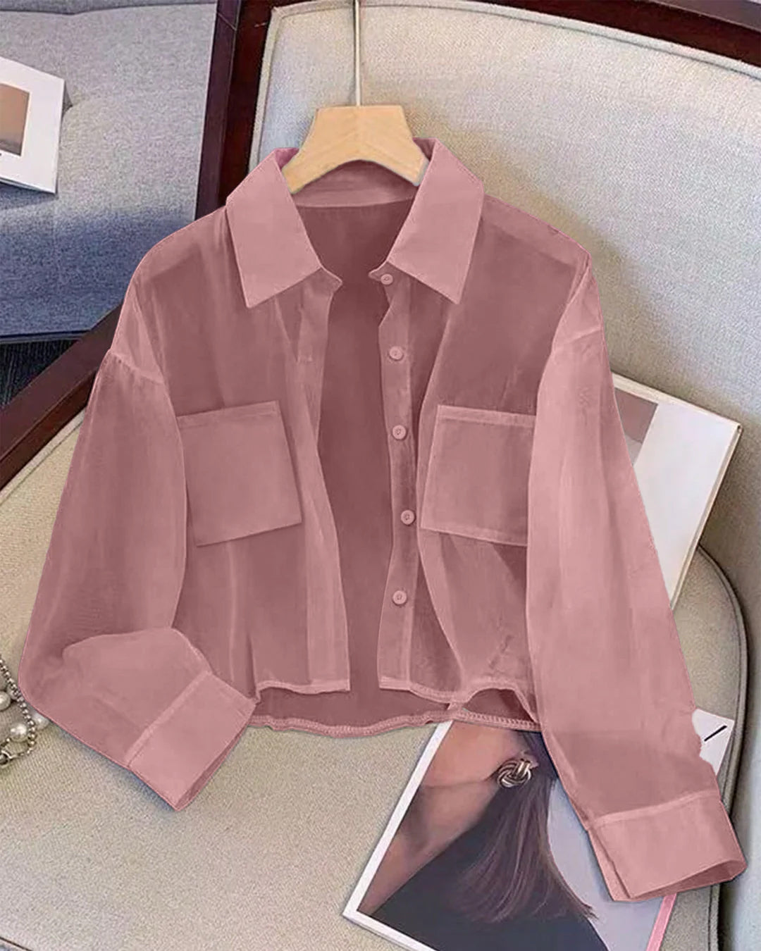 Sheer Button Down Full Sleeve Shirt in Dusty Pink