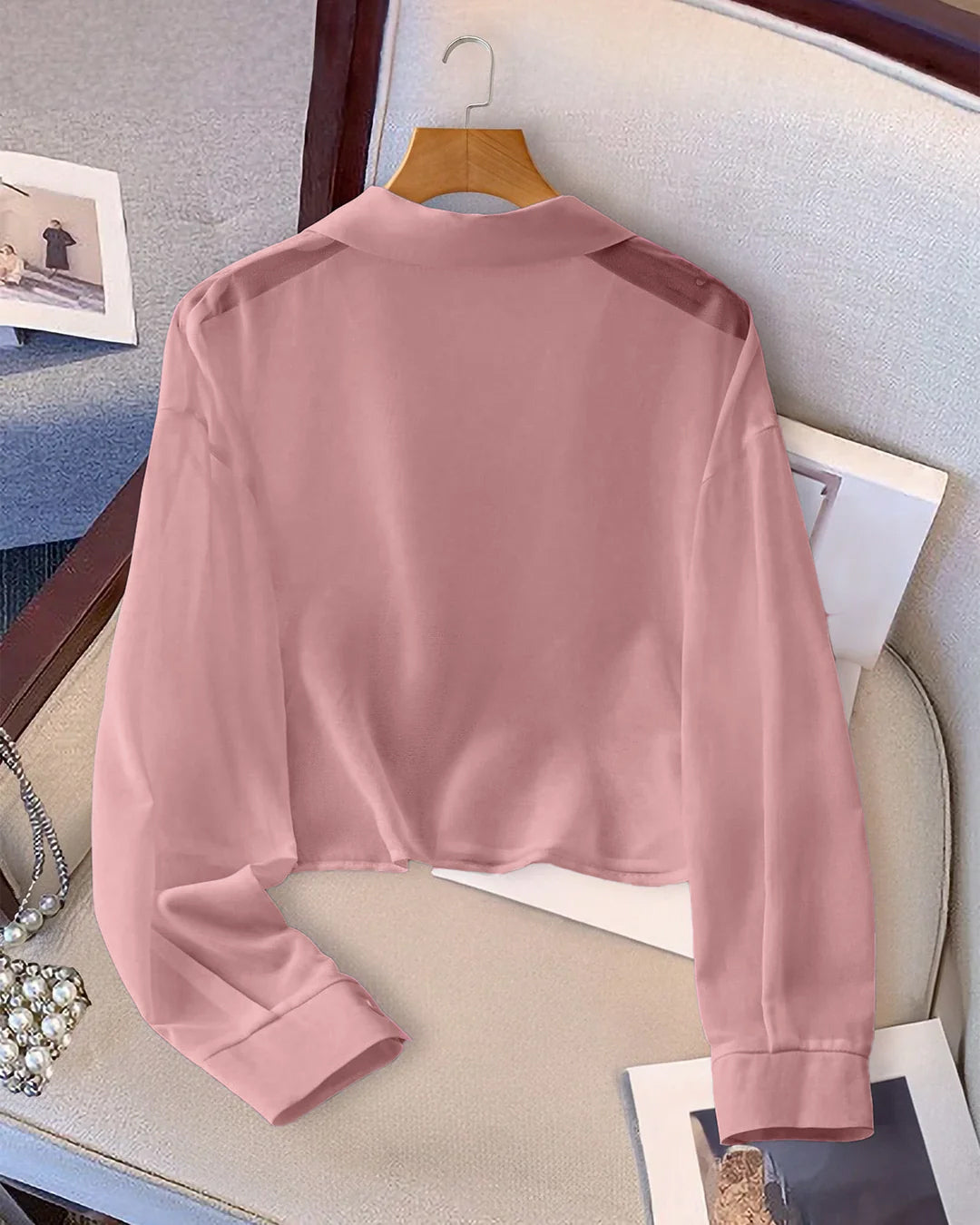 Sheer Button Down Full Sleeve Shirt in Dusty Pink