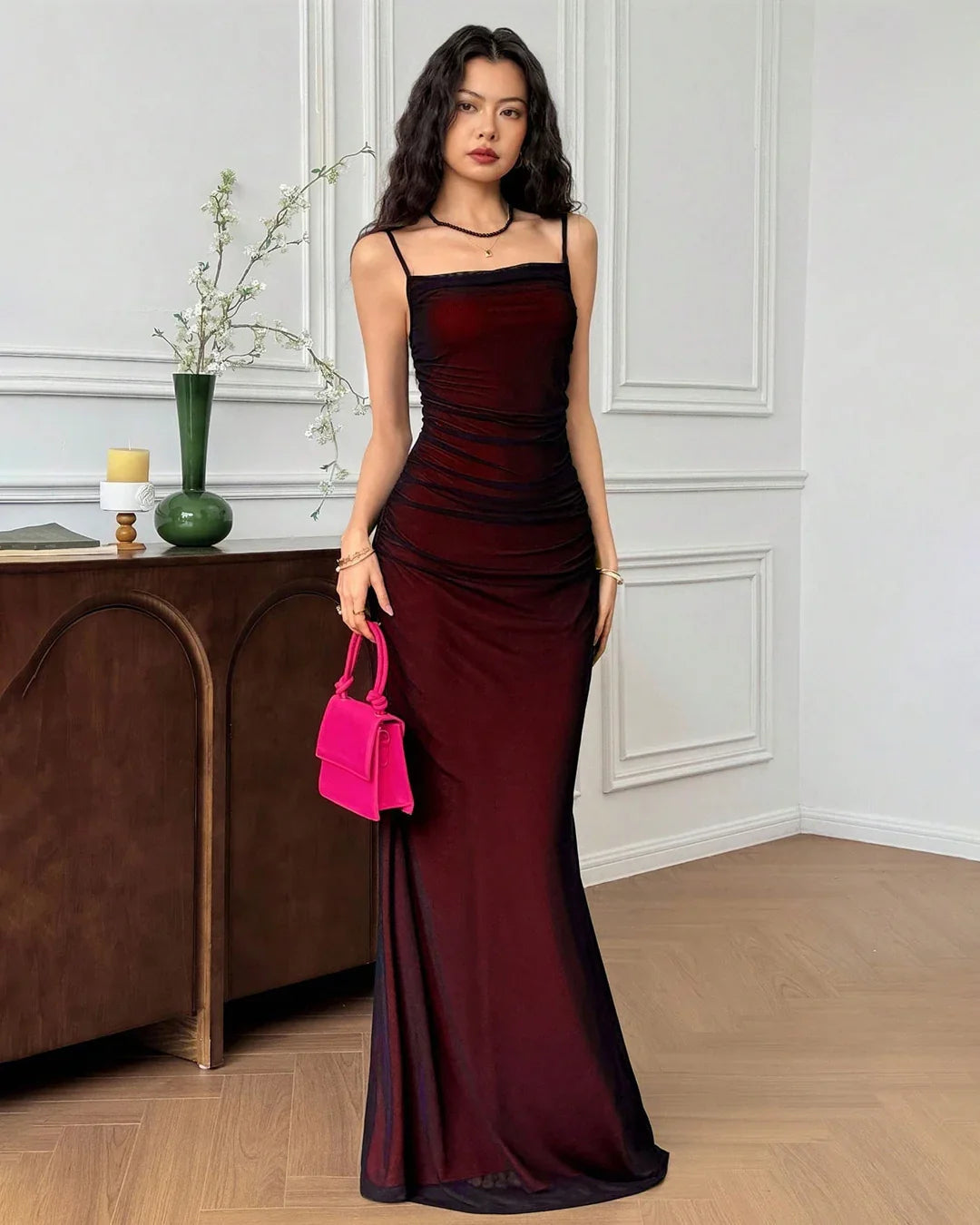 Sheer Fishtail Hem Fitted Bodycon Maxi Dress in Black And Red