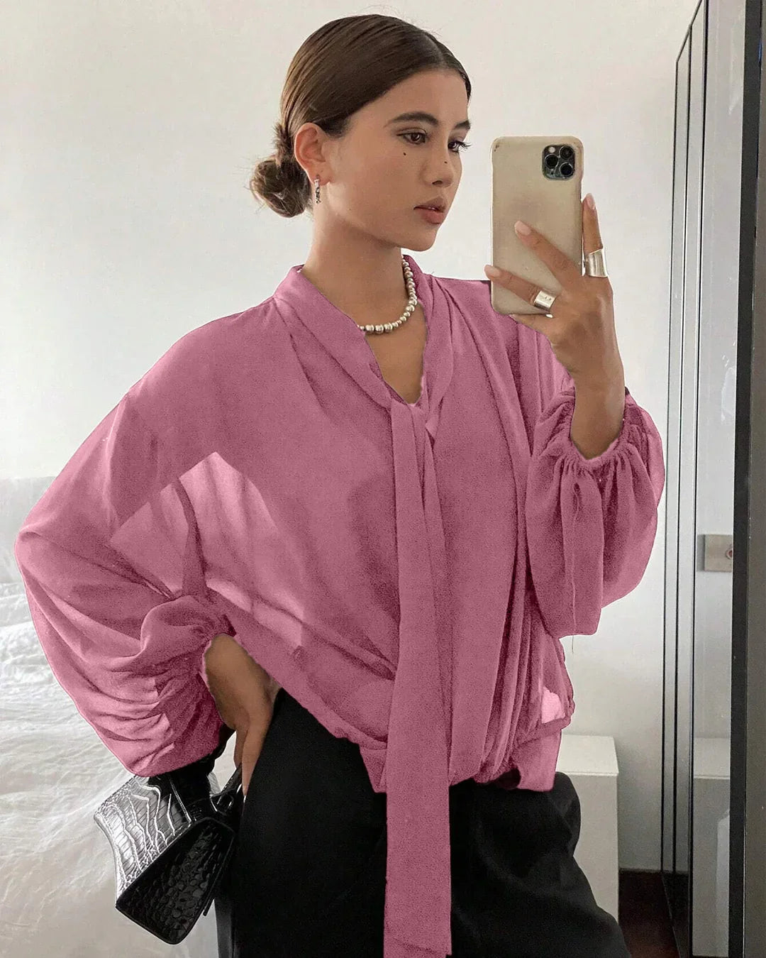 Sheer Tie-Neck Long Sleeve Top in Pink