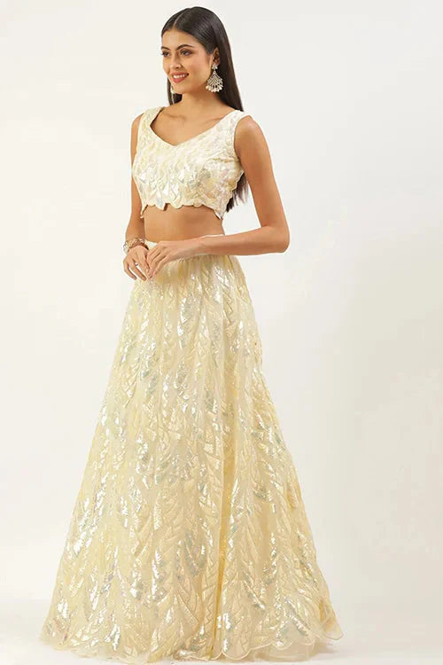 Yellow Soft Net Lehenga Choli with Thread Embroidery