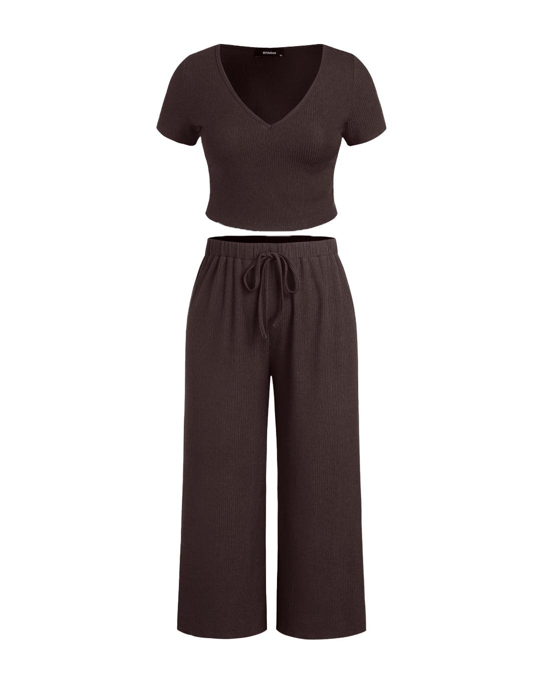 Short Sleeve Crop T-Shirt With V-Neck & Wide Knotted Pant In Chocolate Brown Curve & Plus