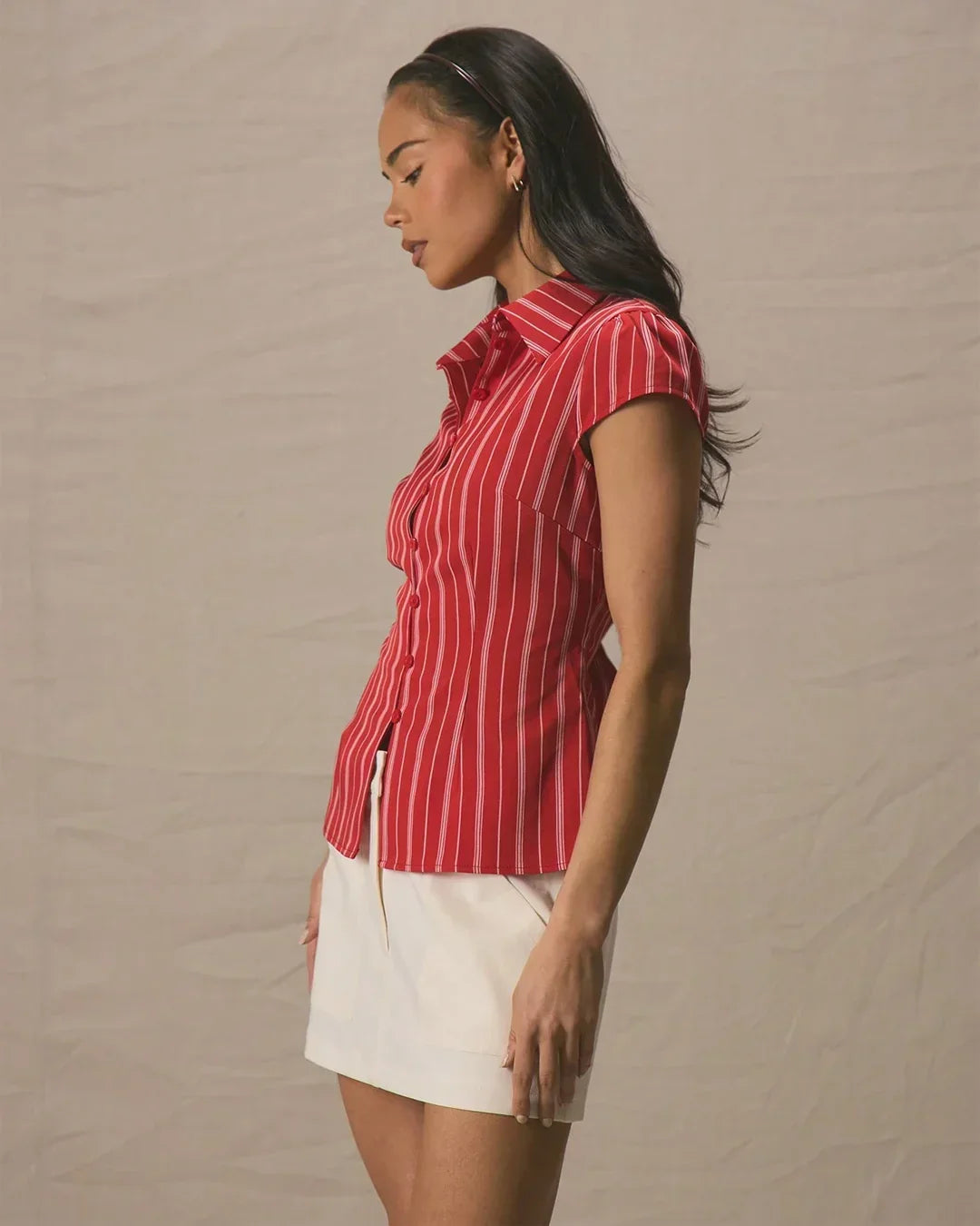 Short Sleeve Striped Collared Button Down Shirt