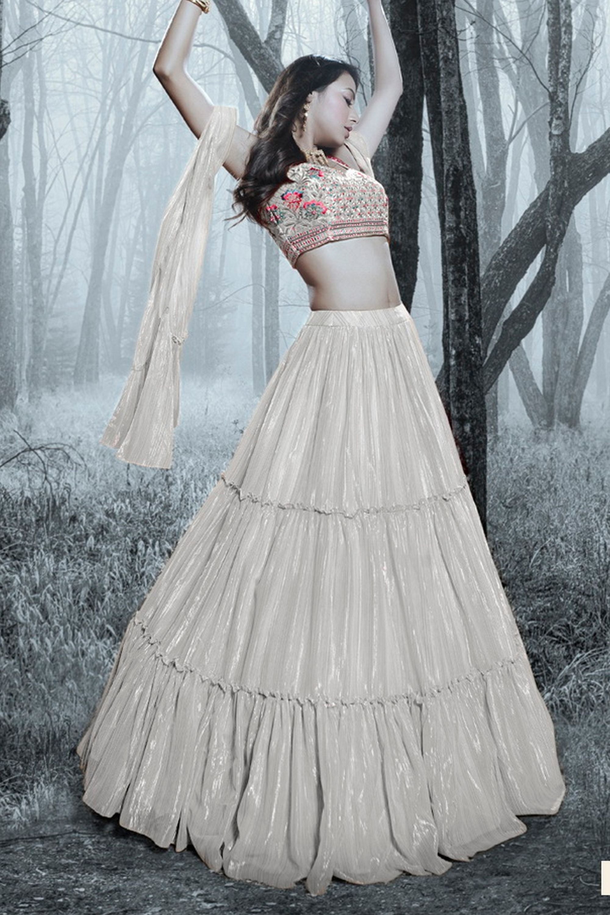 Silver Art Silk Ruffle Lehenga Choli For Indian Festivals & Weddings - Thread Embroidery Work, Handwork Work