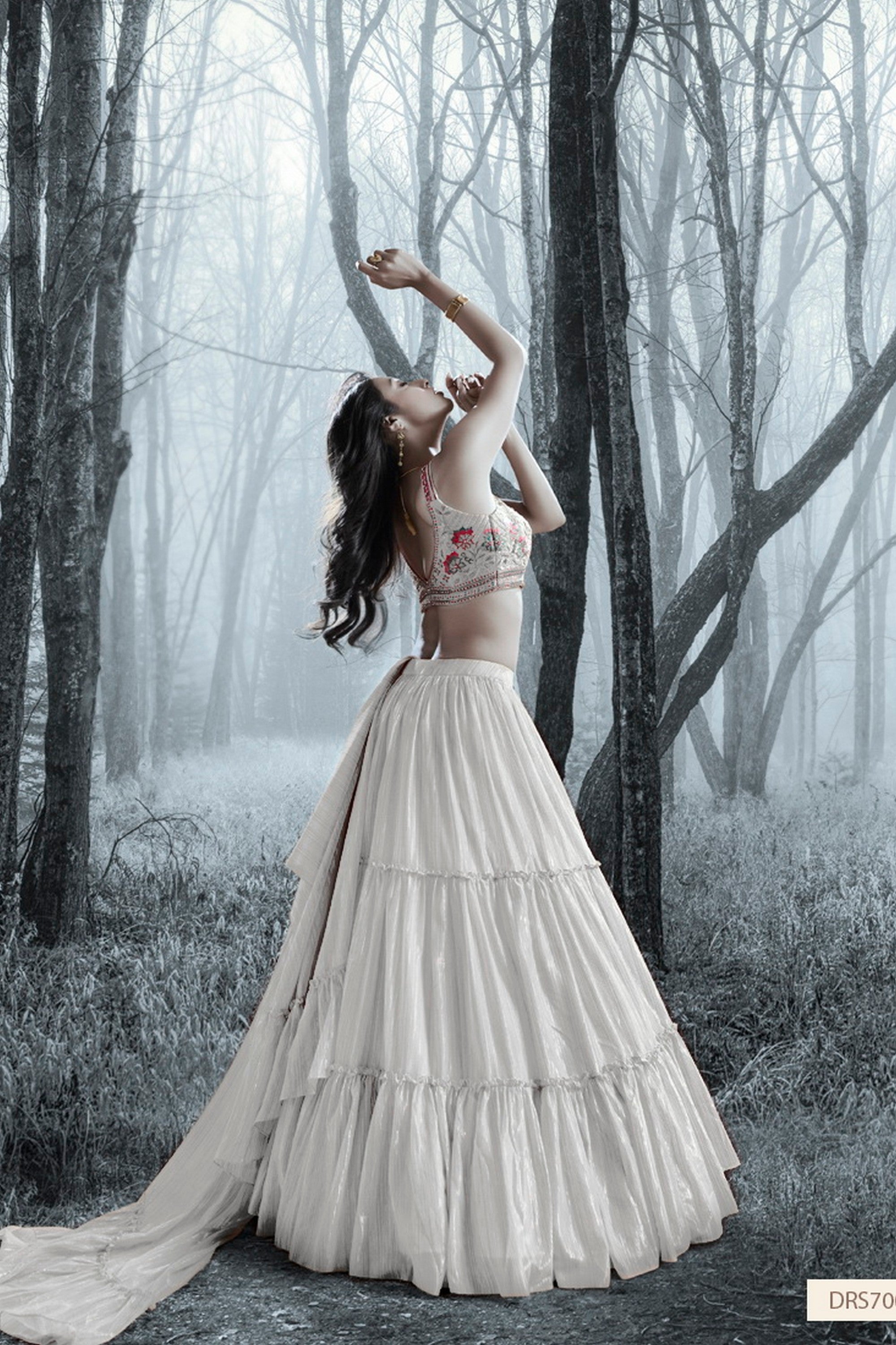 Silver Art Silk Ruffle Lehenga Choli For Indian Festivals & Weddings - Thread Embroidery Work, Handwork Work