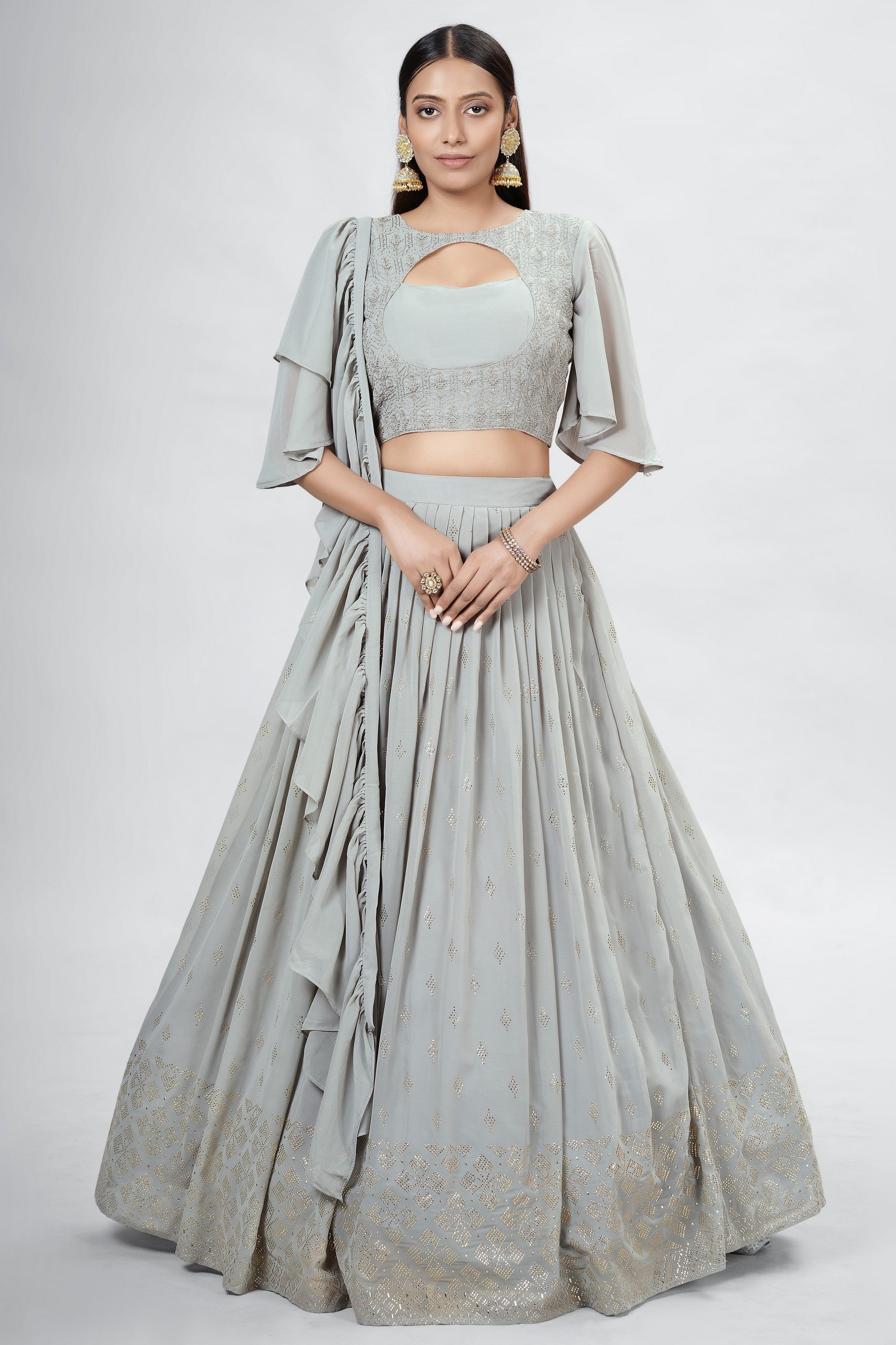 Silver Indian Georgette Lehenga Choli With Ruffle Dupatta For Indian Festival & Weddings - Sequence Embroidery Work, Mukaish Work