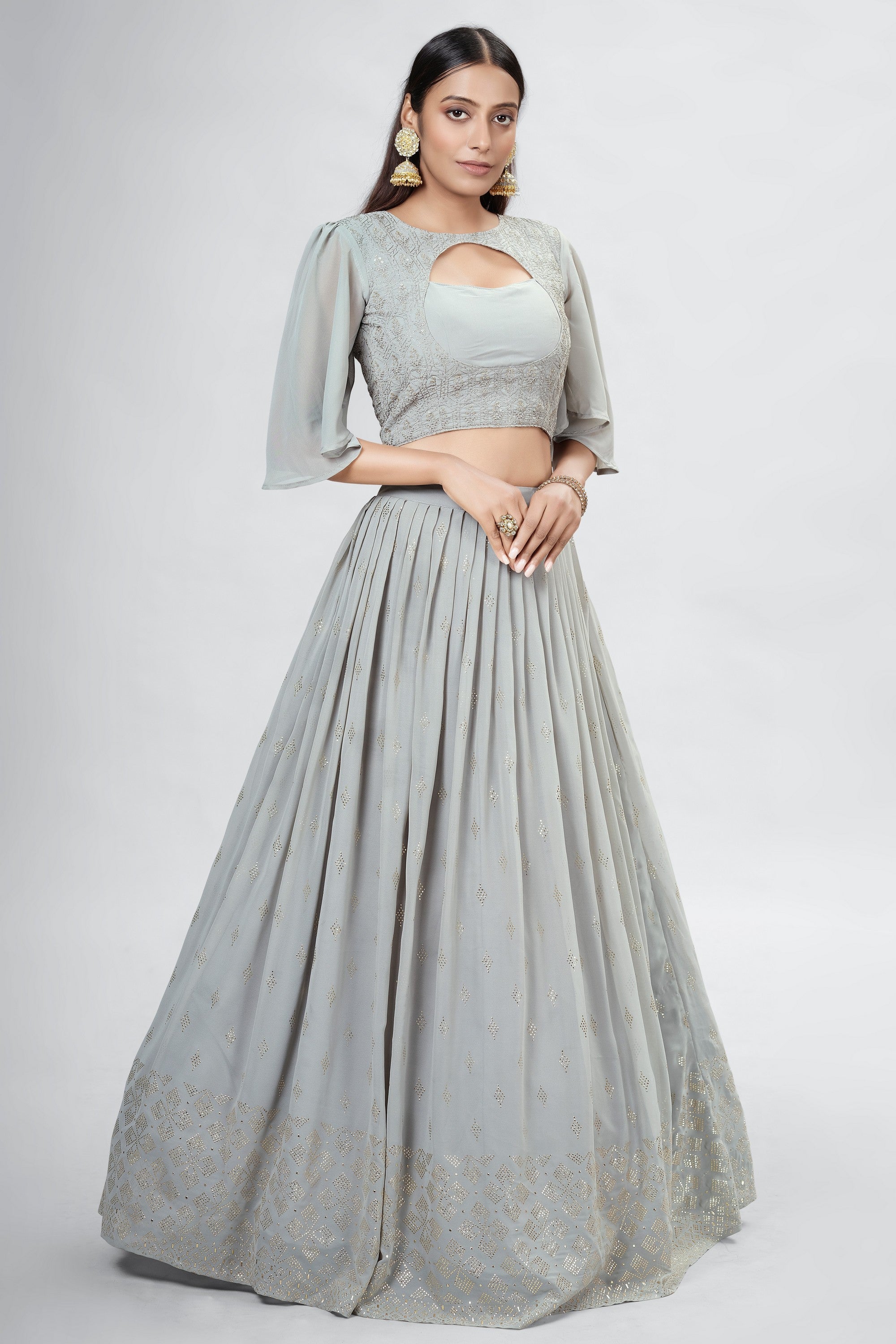 Silver Indian Georgette Lehenga Choli With Ruffle Dupatta For Indian Festival & Weddings - Sequence Embroidery Work, Mukaish Work