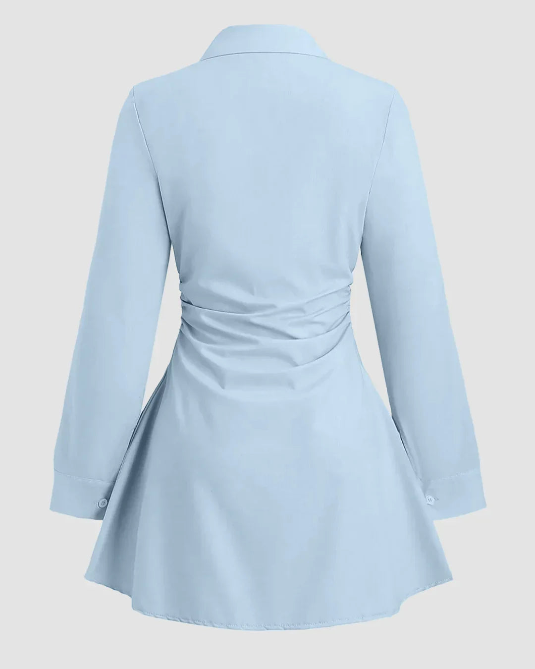 Sky Blue Ruched Shirt Dress with Long Sleeves